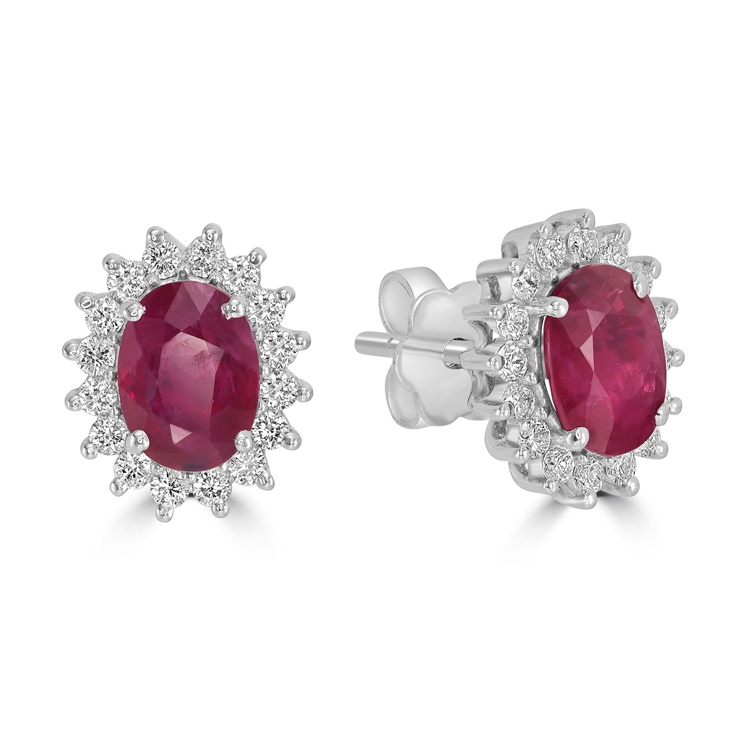 Pink Ruby Gemstone Prong Diamond Oval Stud Earrings In 18K White Gold