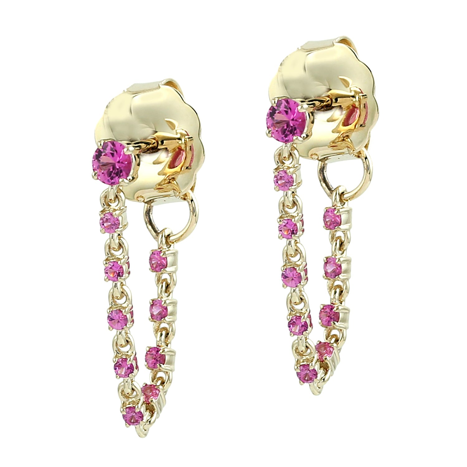 Natural Pink Sapphire Chain Ear Thread Earrings In Yellow Gold