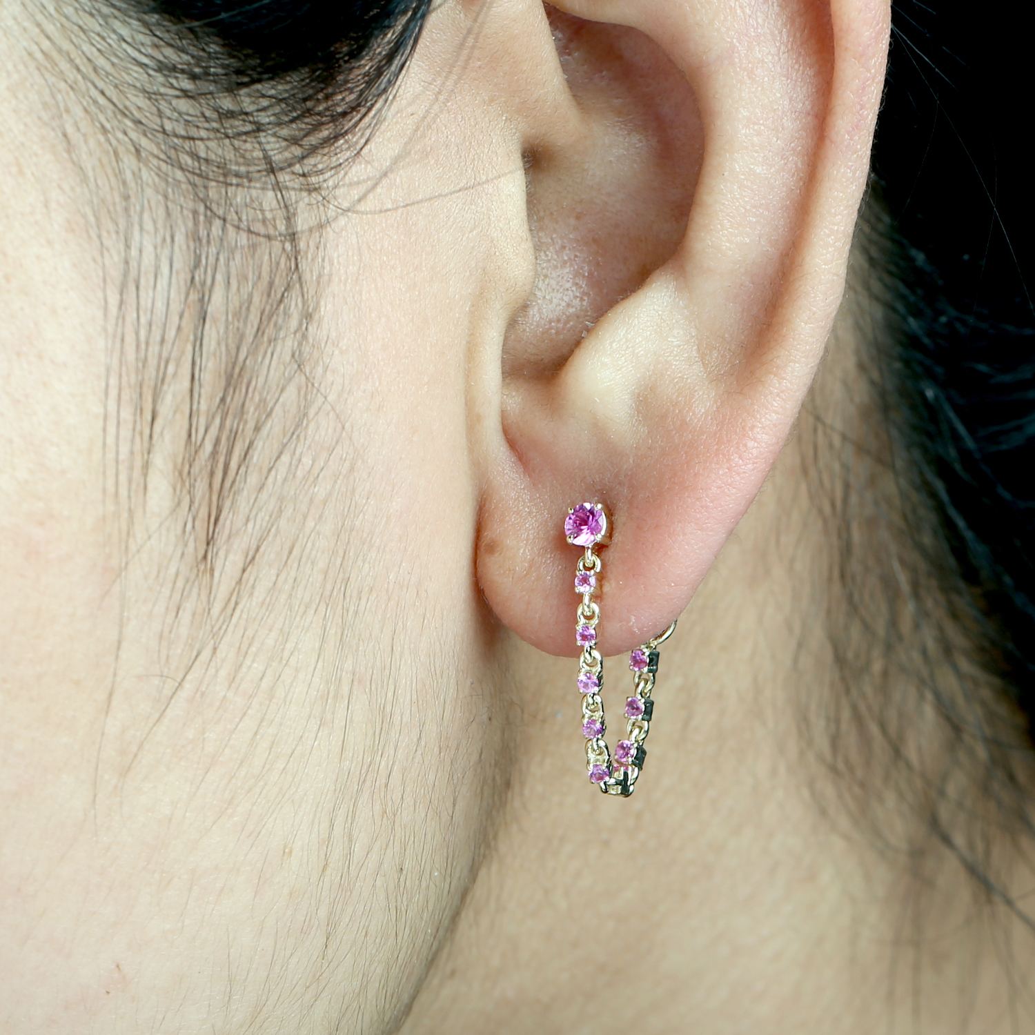 Natural Pink Sapphire Chain Ear Thread Earrings In Yellow Gold