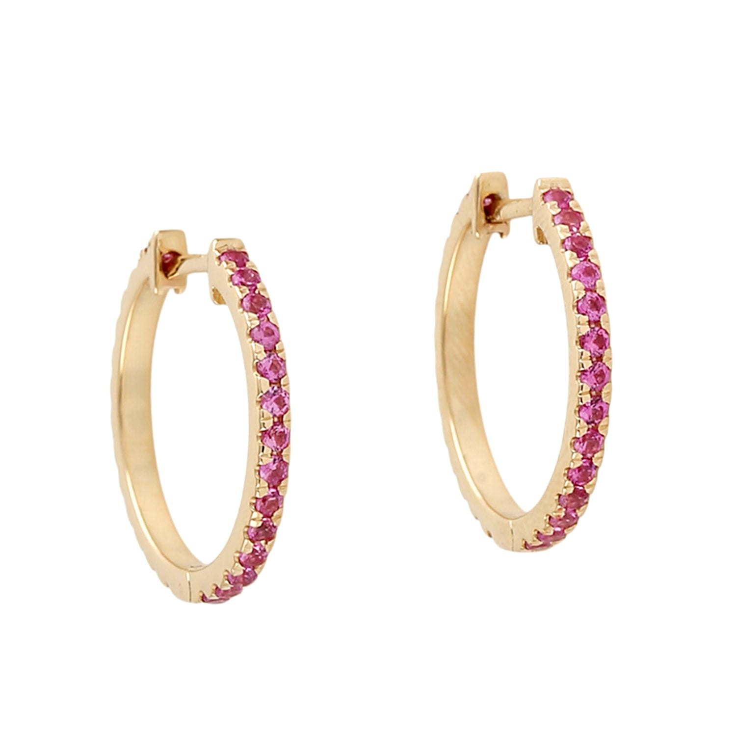 18K Yellow Gold Hoops With Pink Sapphire Gemstones