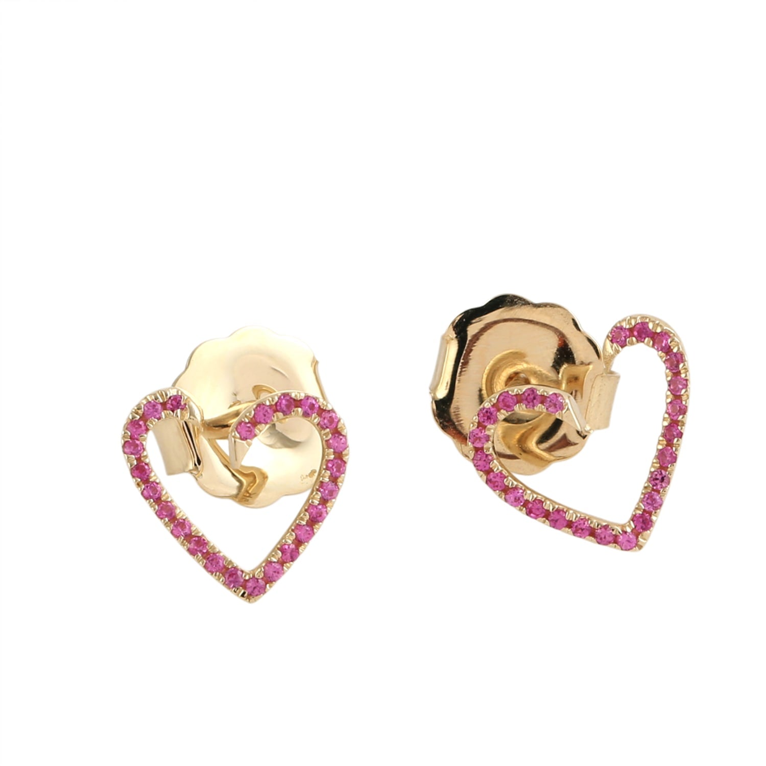 Pink Sapphire Gemstone Heart Stud Earrings In Yellow Gold