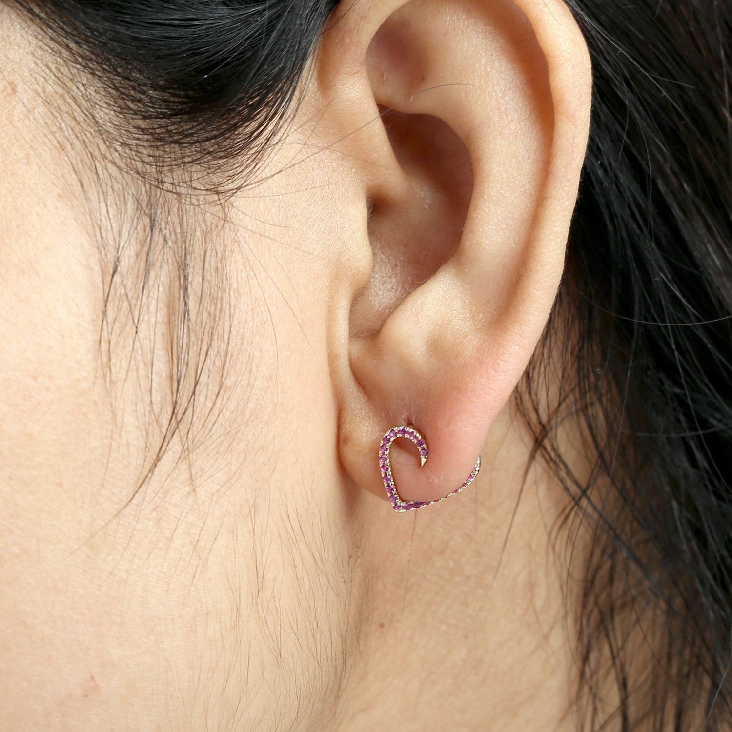 Pink Sapphire Gemstone Heart Stud Earrings In Yellow Gold