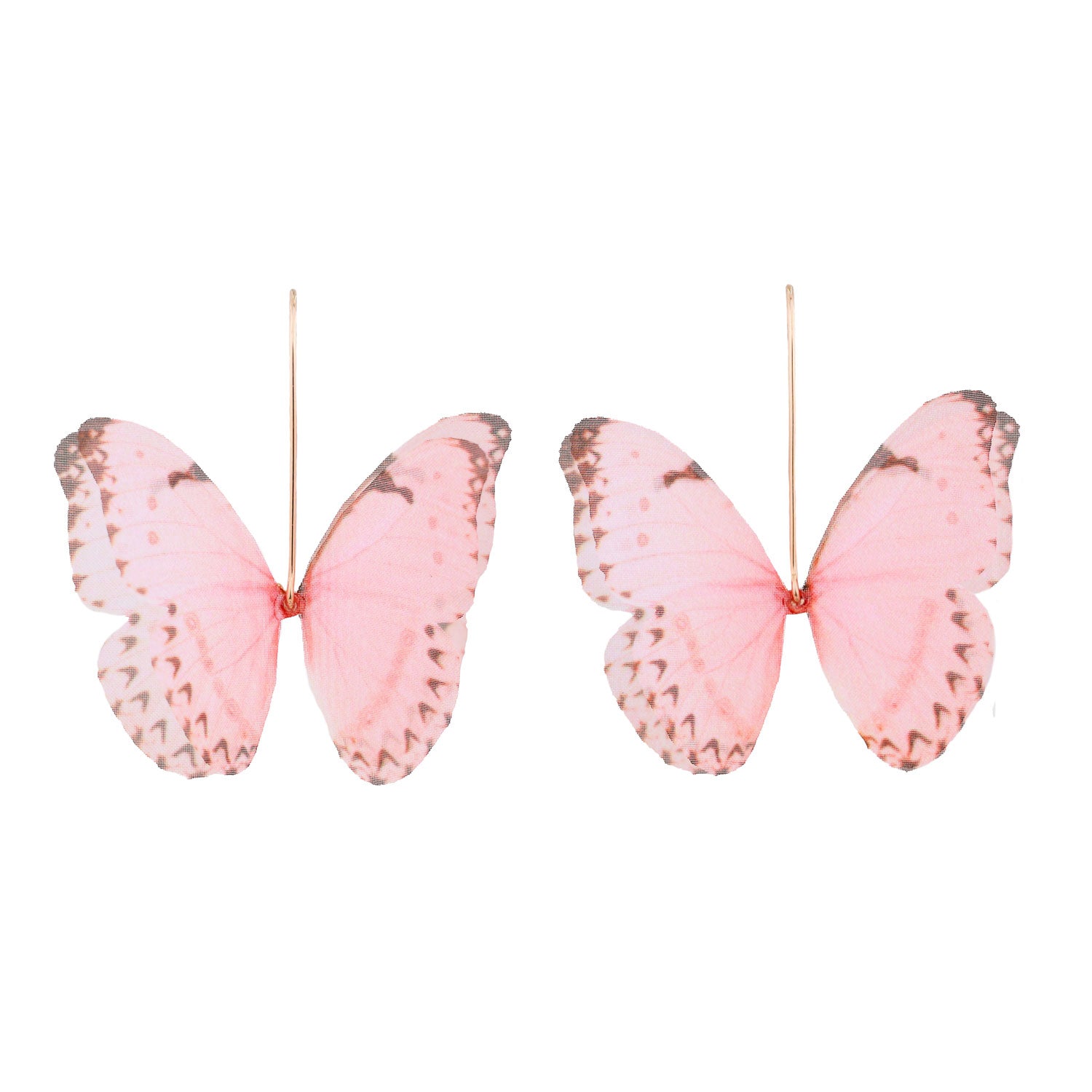 Pink Silk Butterfly Dangle Drop Earrings Gold Earwires