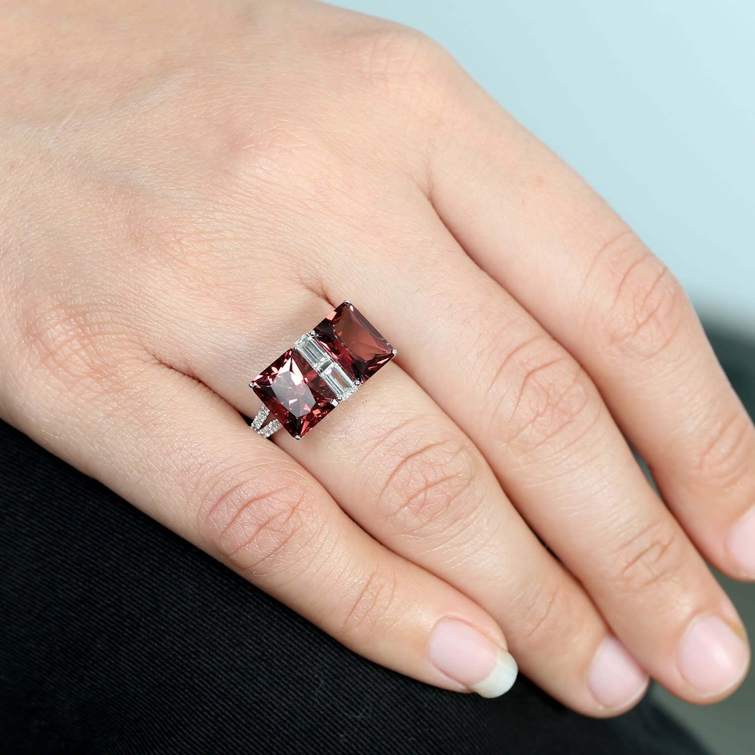 Pink Tourmaline & Baguette Diamond Cocktail Ring In 18K White Gold
