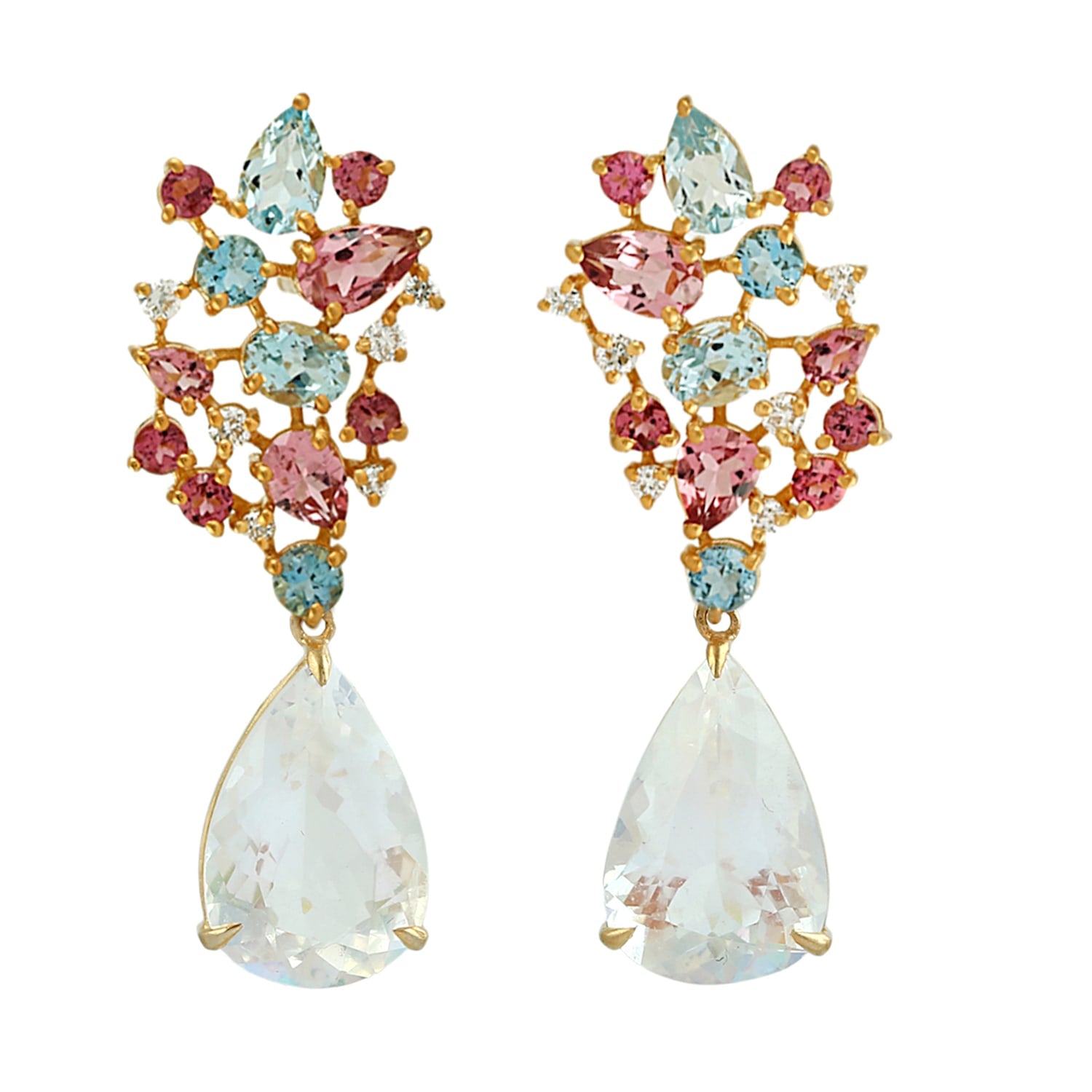 Pink Tourmaline & Blue Moonstone Aquamarine Pave Diamond Dangle Earrings In Gold