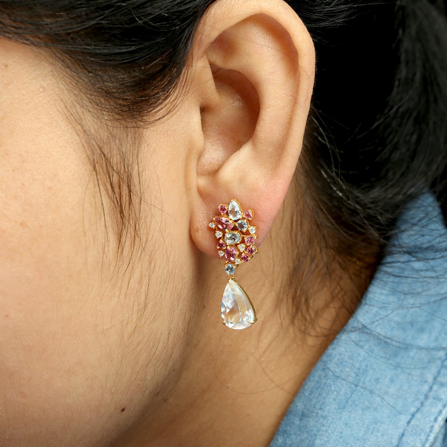 Pink Tourmaline & Blue Moonstone Aquamarine Pave Diamond Dangle Earrings In Gold