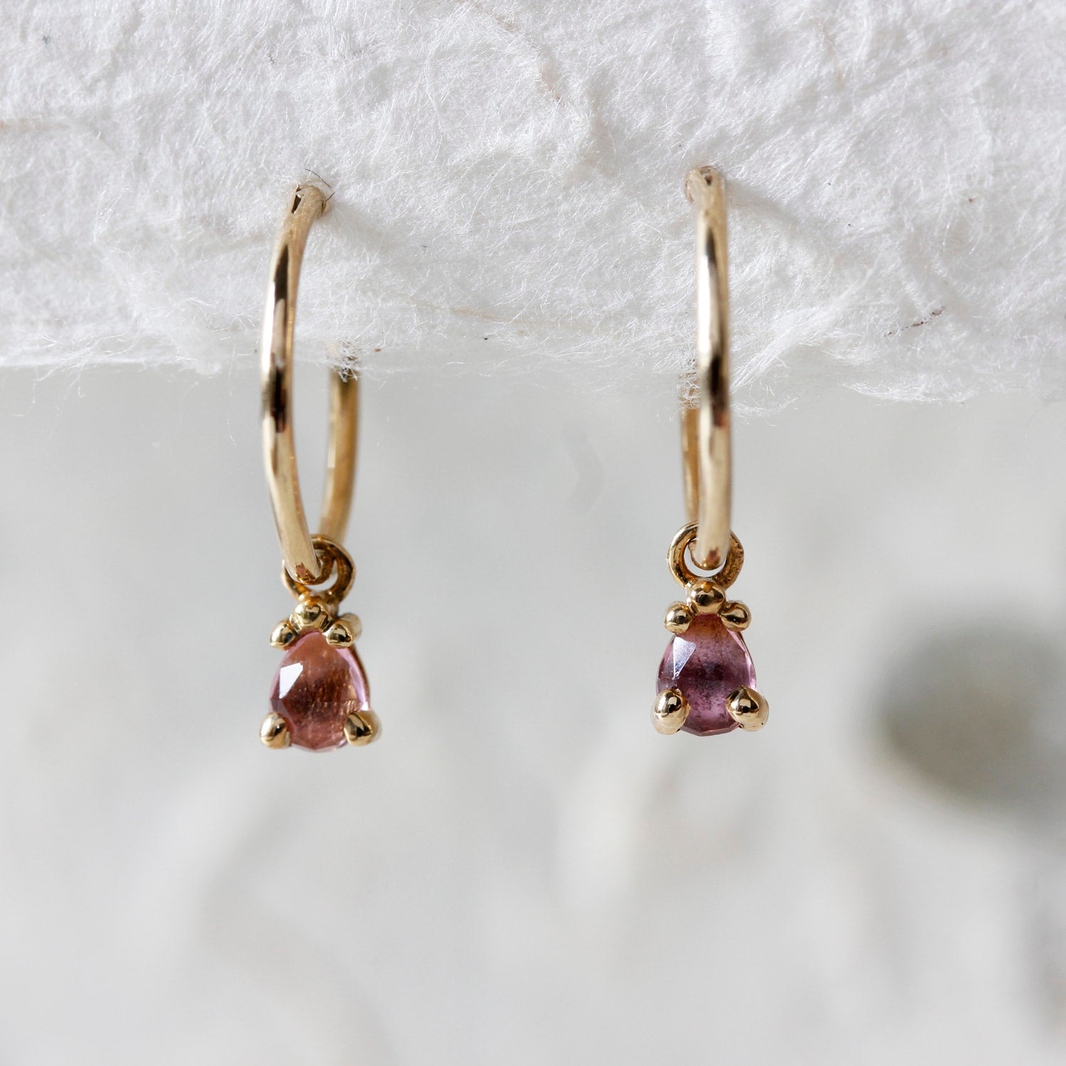 Pink Tourmaline Clicker Hoop Earrings - Gold
