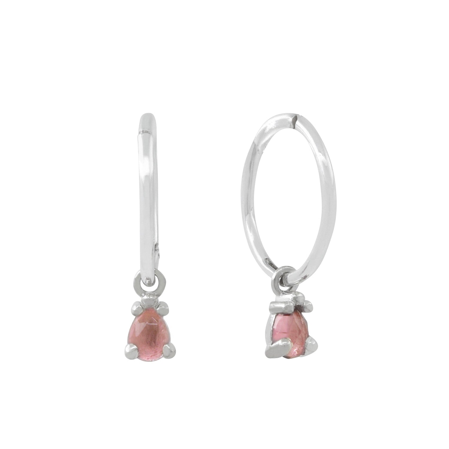 Pink Tourmaline Clicker Hoop Earrings - Silver