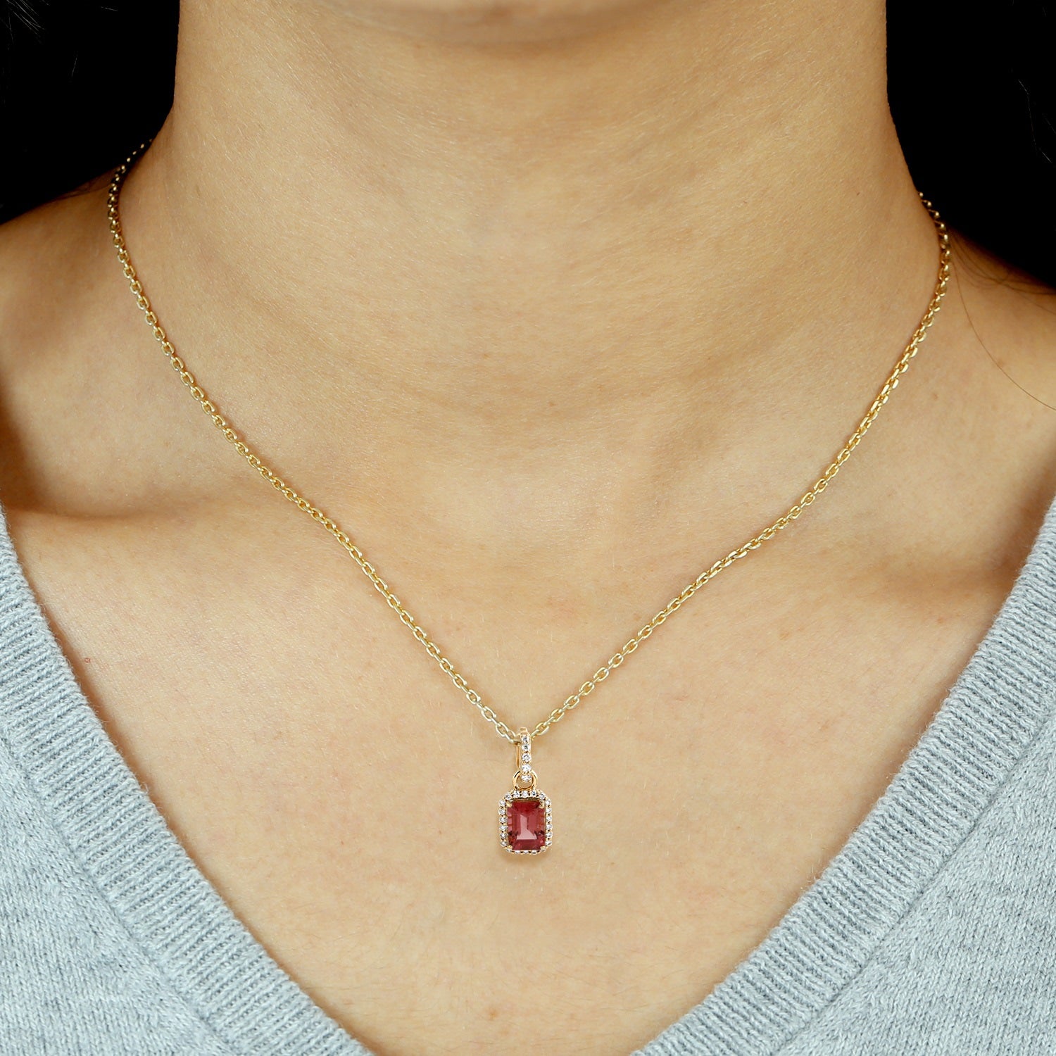 Pink Tourmaline & Diamond Charm Pendant In 18K Yellow Gold