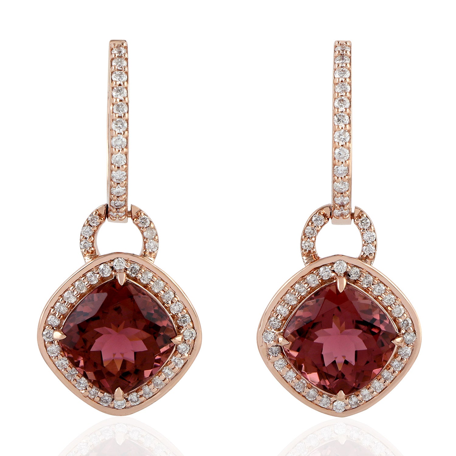 Natural Pink Tourmaline & Diamond Dangle Earrings In Rose Gold