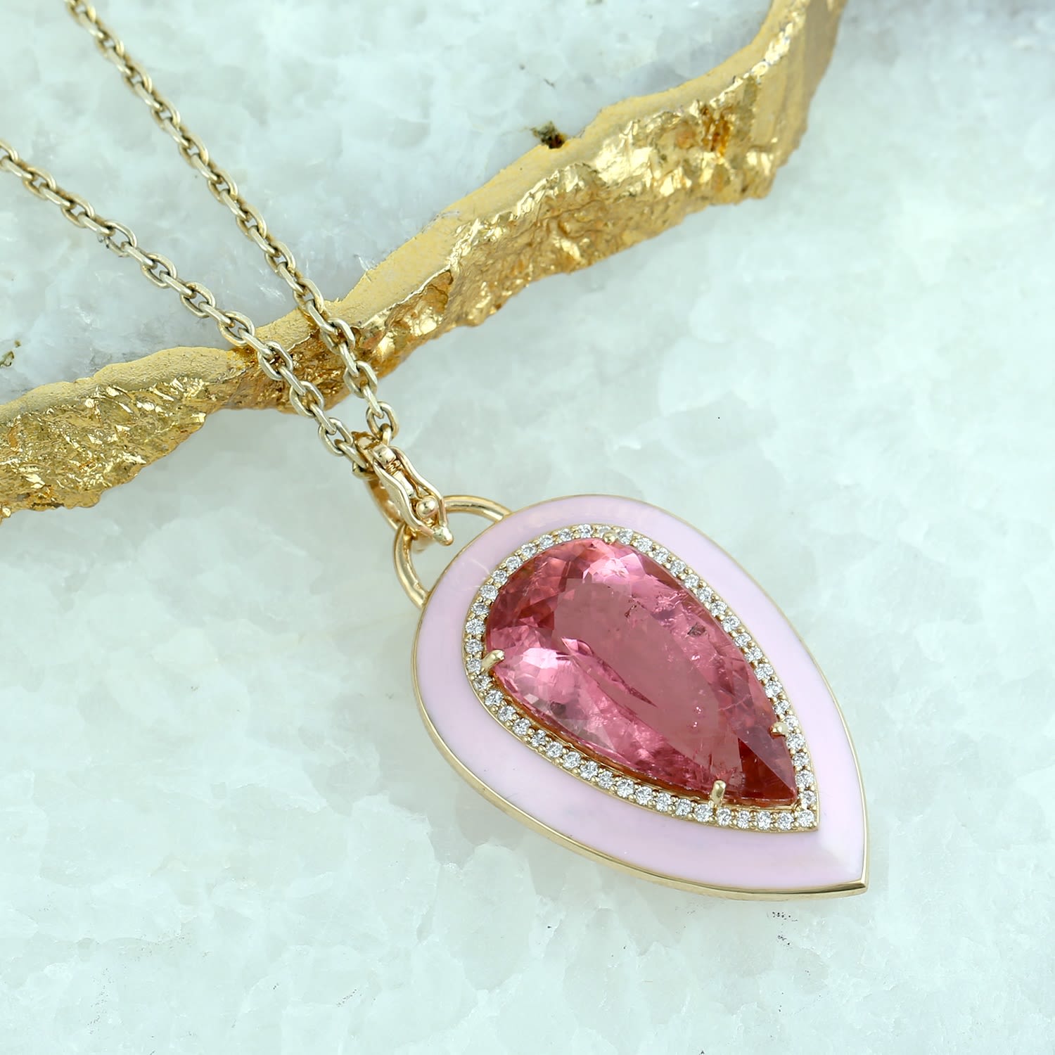 Pink Tourmaline & Diamond Drop Pendant With Pink Enamel In 18K Yellow Gold