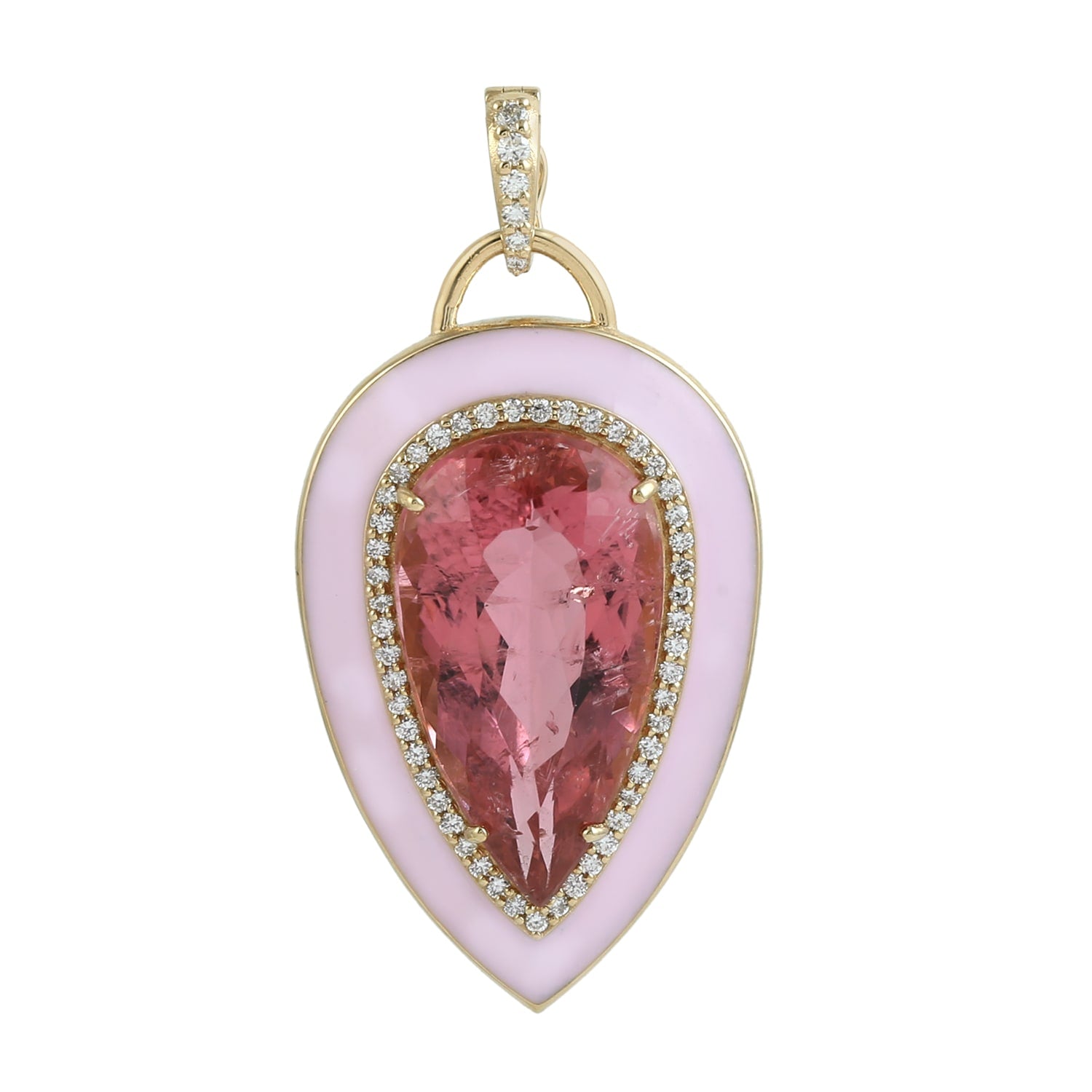 Pink Tourmaline & Diamond Drop Pendant With Pink Enamel In 18K Yellow Gold