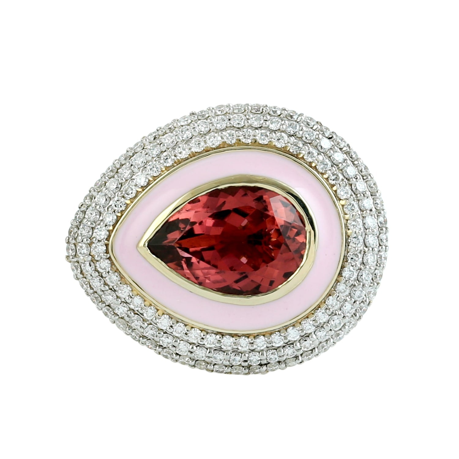 Pink Tourmaline & Diamond Enamel Cocktail Ring In Yellow Gold