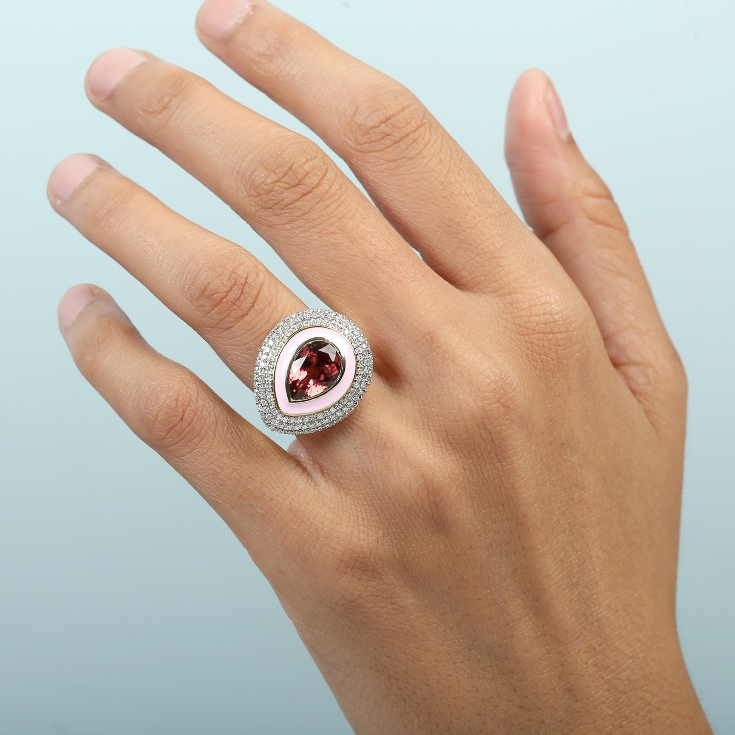 Pink Tourmaline & Diamond Enamel Cocktail Ring In Yellow Gold
