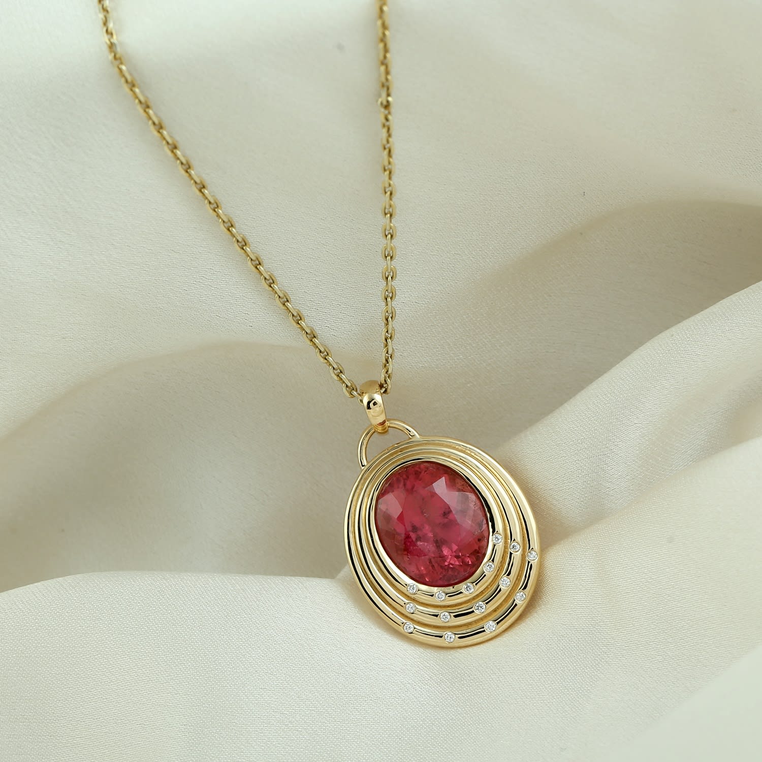 Pink Tourmaline & Diamond Galaxy-Inspired Oval Pendant In 18K Yellow Gold