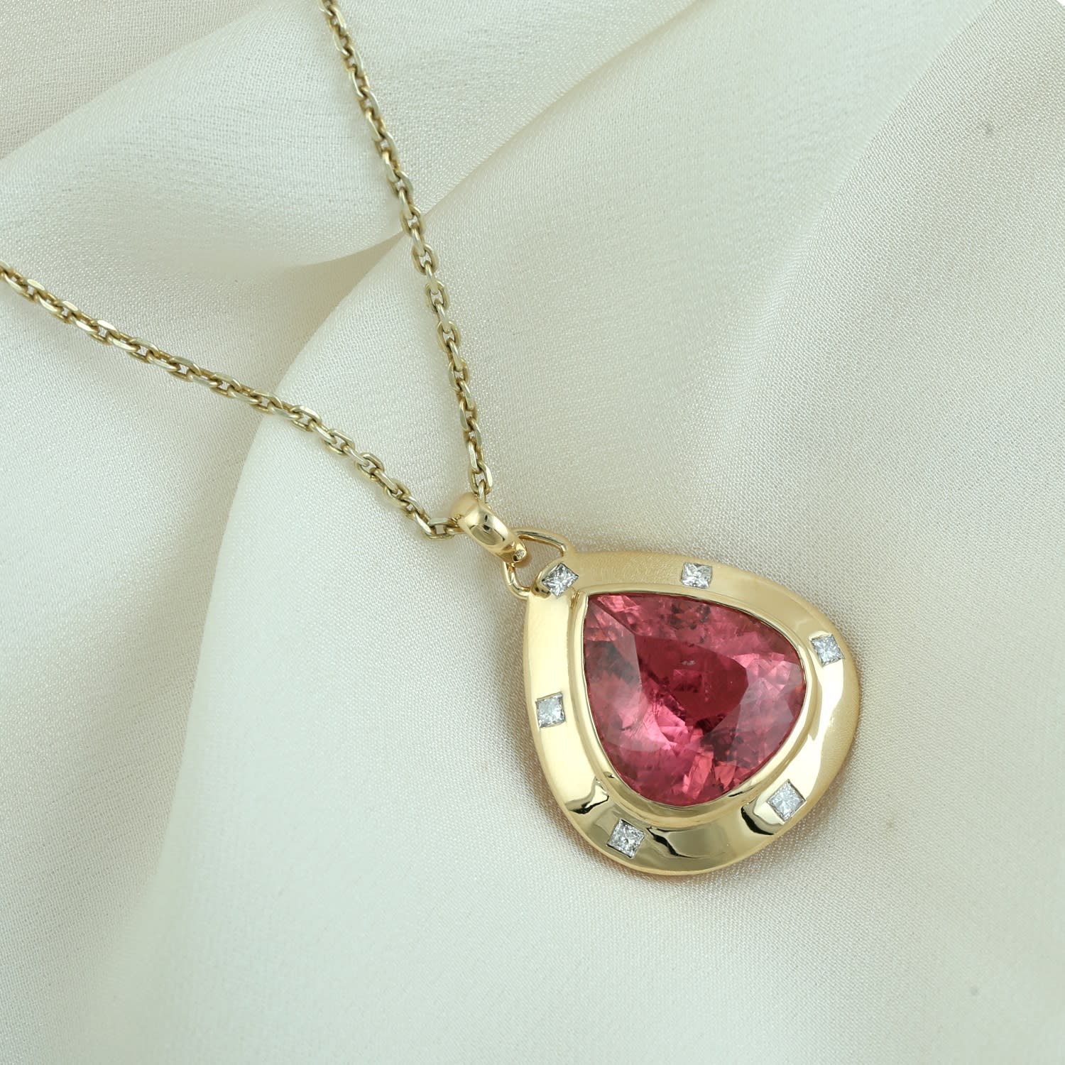 Pink Tourmaline & Diamond Teardrop Pendant In 18K Yellow Gold