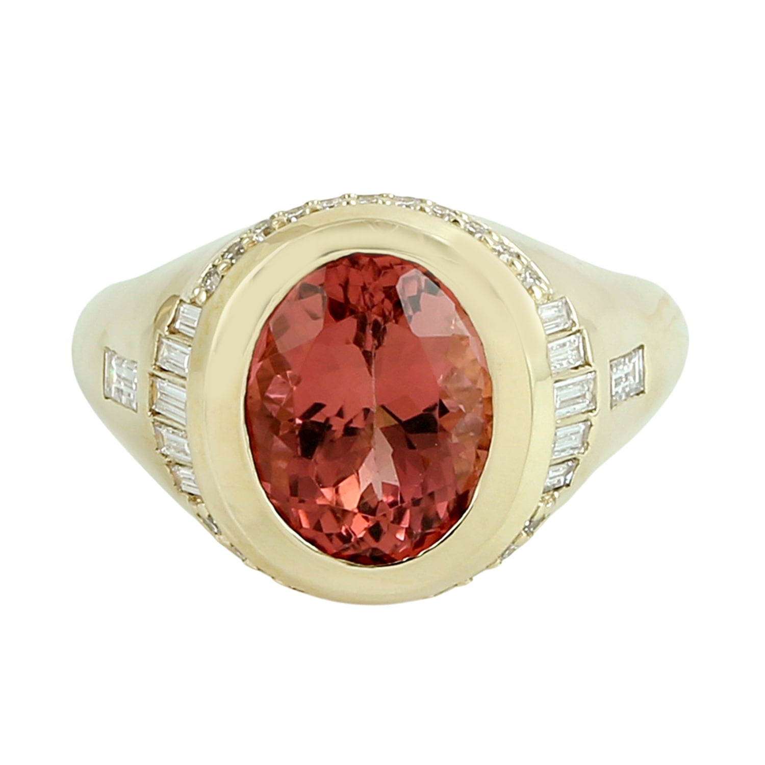 Pink Tourmaline Dome Ring With Baguette Diamonds In Gold