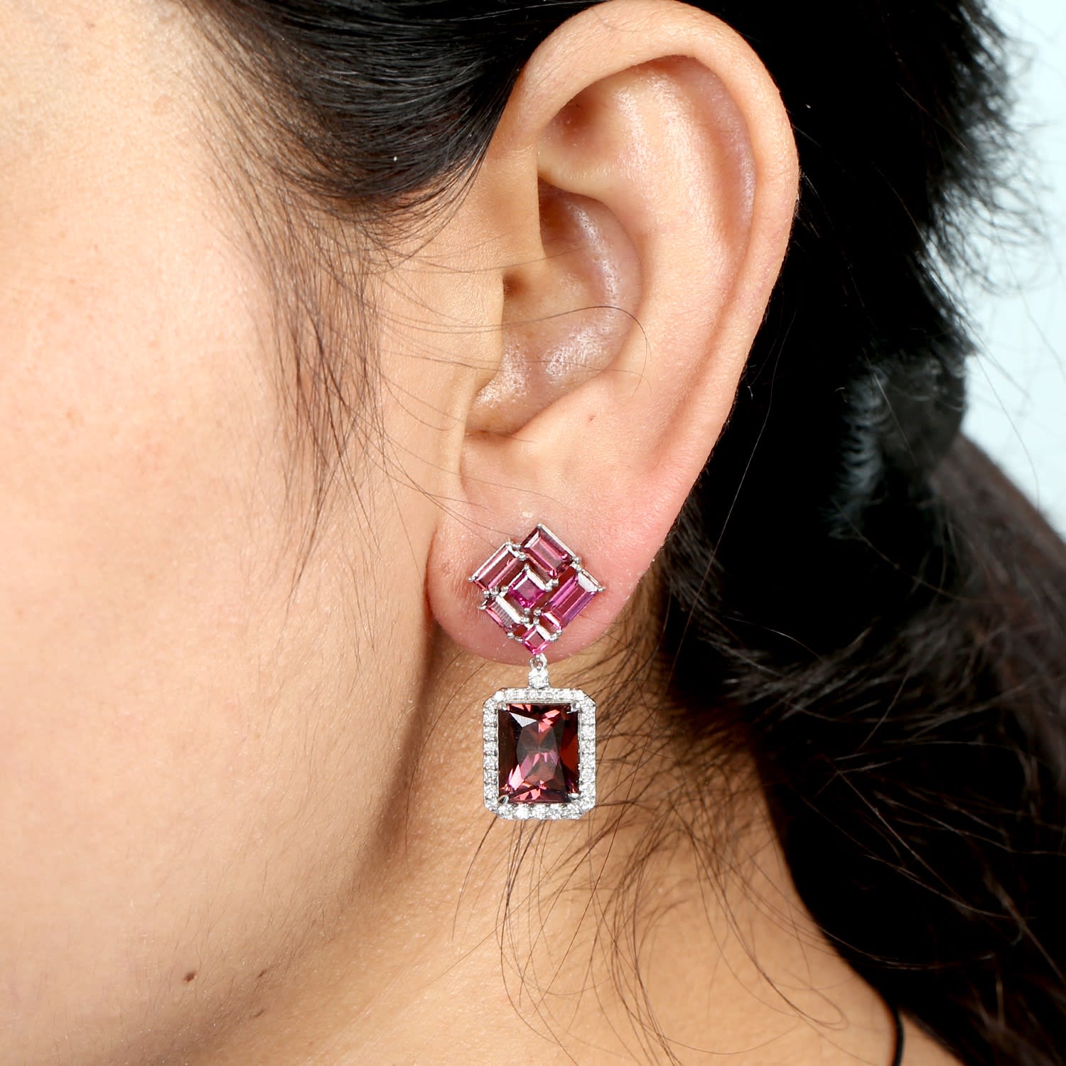 Pink Tourmaline Drop Earrings With Pave Diamonds In White Gold