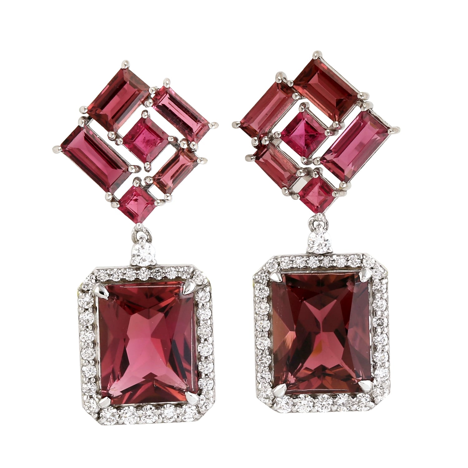 Pink Tourmaline Drop Earrings With Pave Diamonds In White Gold