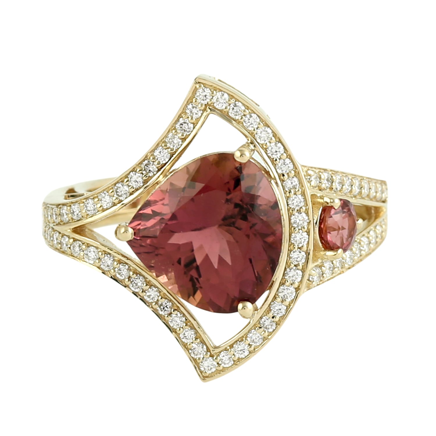 Pink Tourmaline Gemstone & Diamond Designer Ring In Yellow Gold