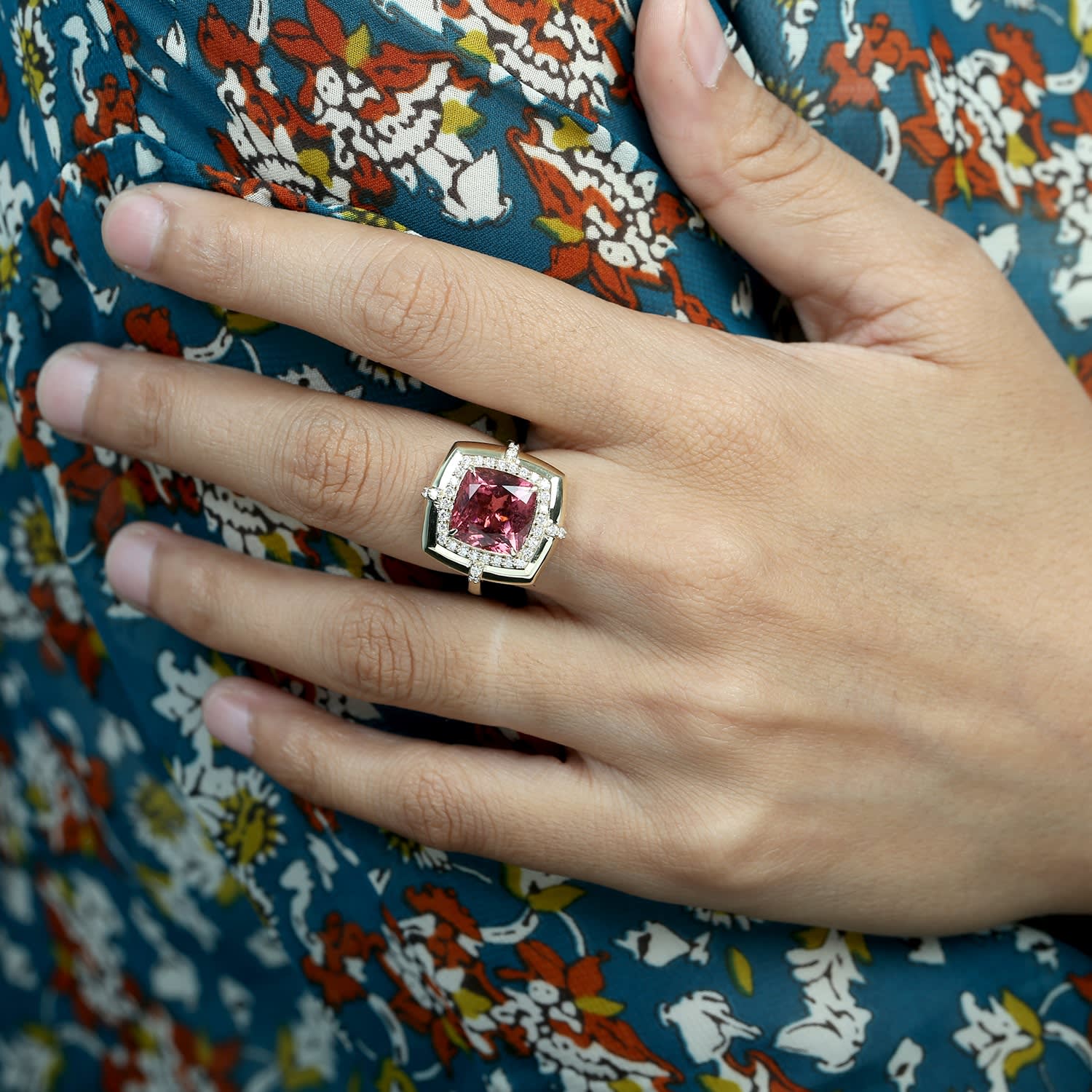Pink Tourmaline Gemstone Pave Diamond Cocktail Ring In Yellow Gold