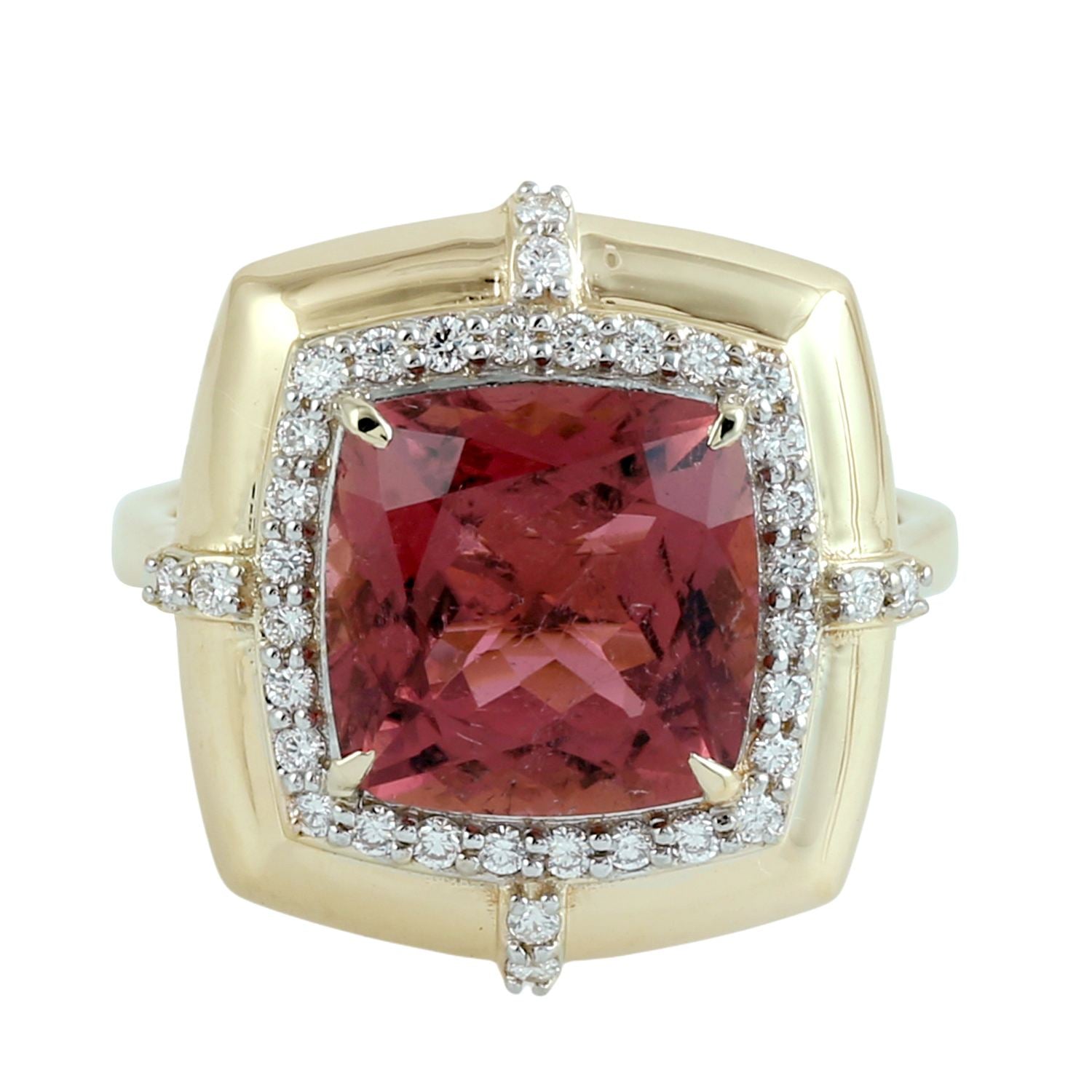 Pink Tourmaline Gemstone Pave Diamond Cocktail Ring In Yellow Gold