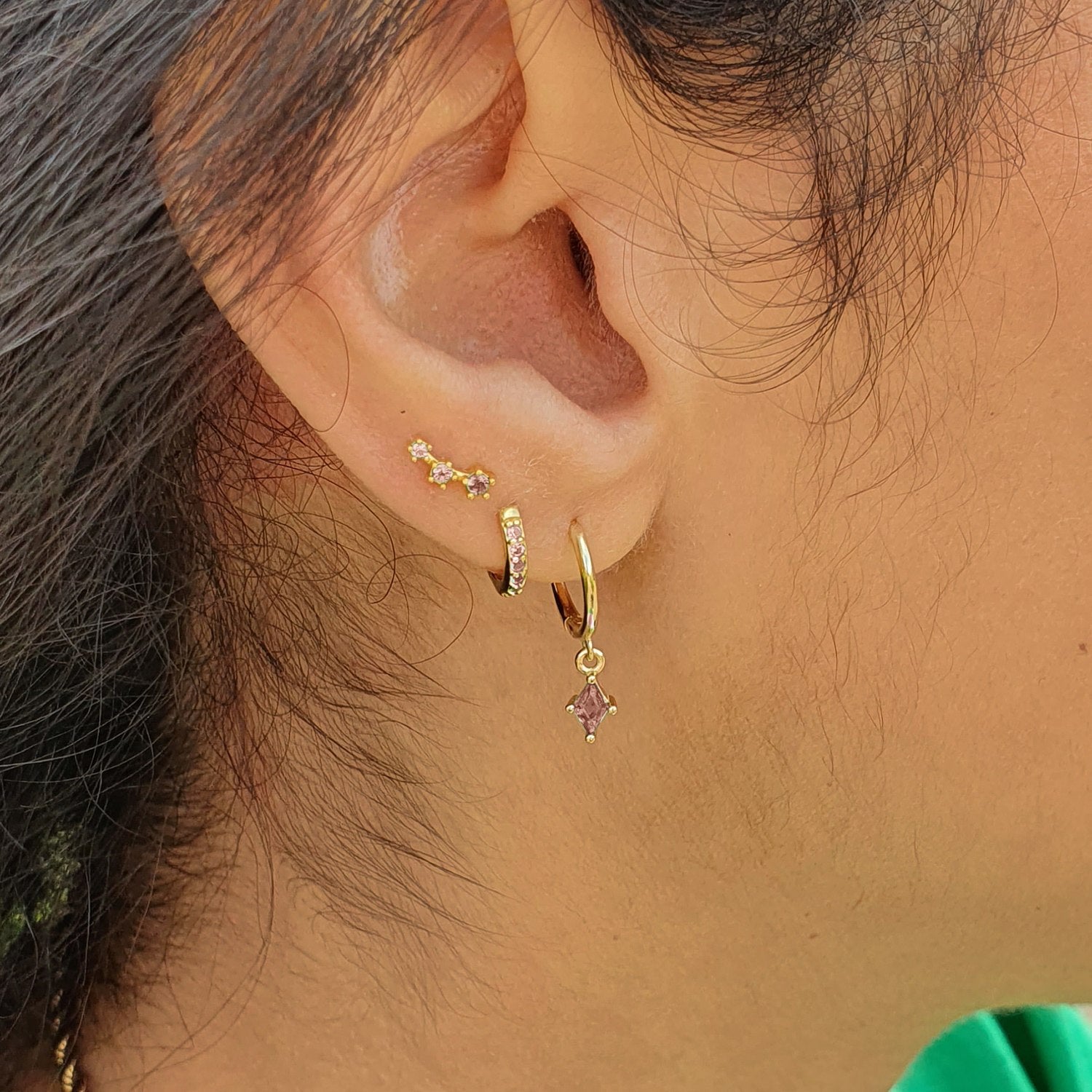Pink Tourmaline October Birthstone Huggie Gold Plated Hoop Earrings
