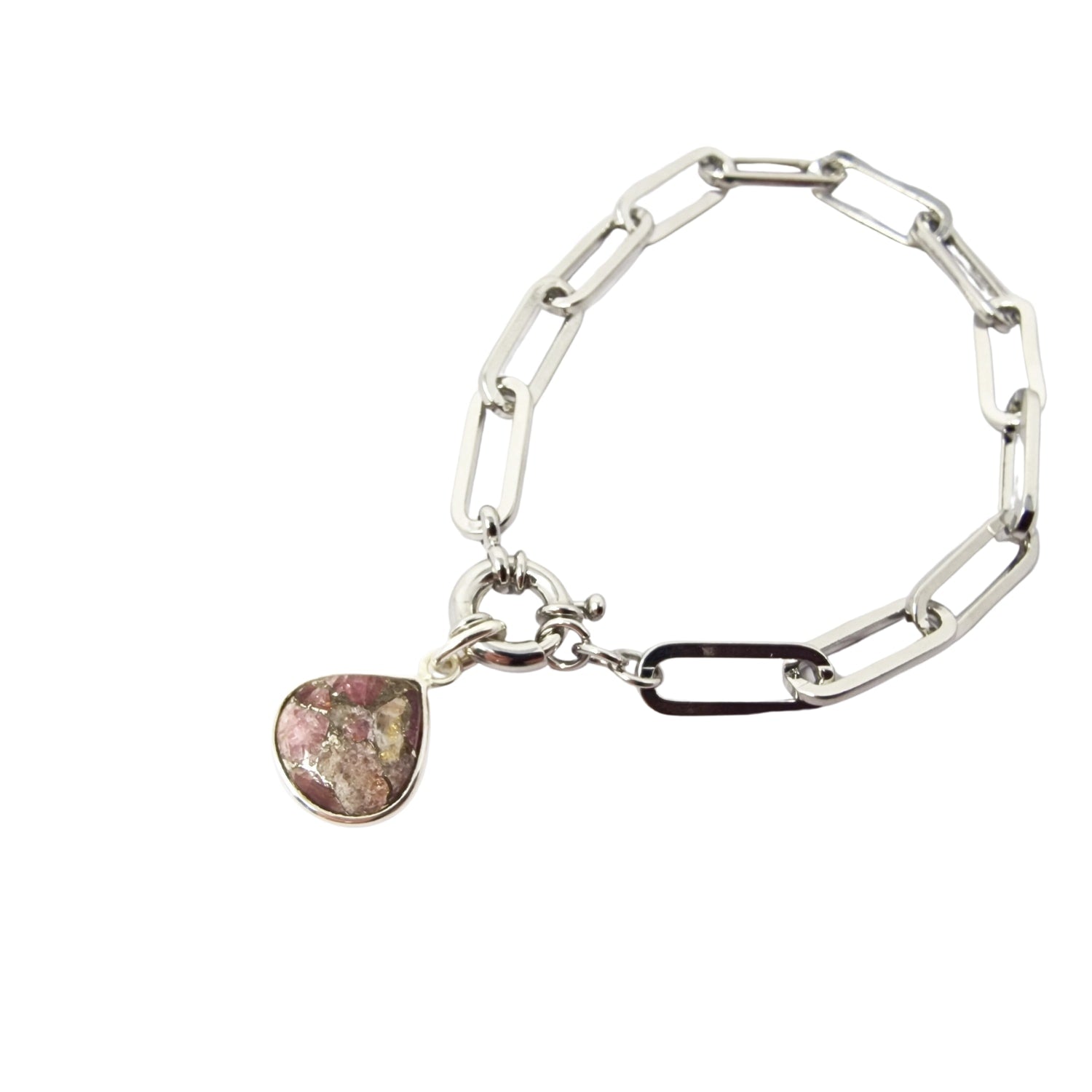 Pink Tourmaline October Birthstone Silver Paperclip Bracelet