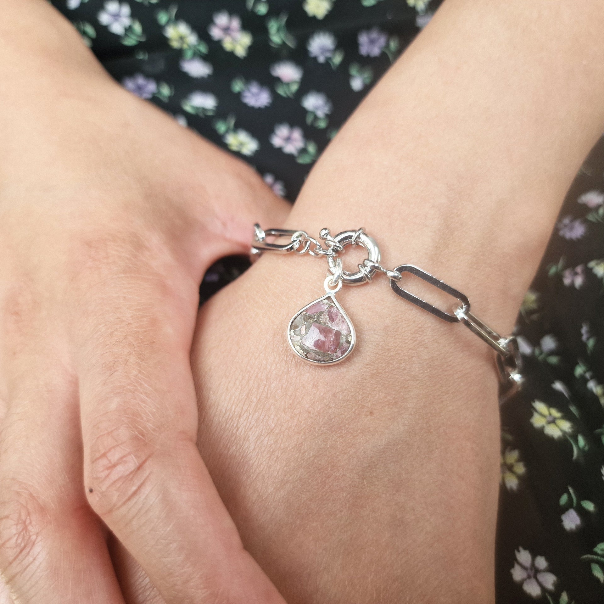 Pink Tourmaline October Birthstone Silver Paperclip Bracelet