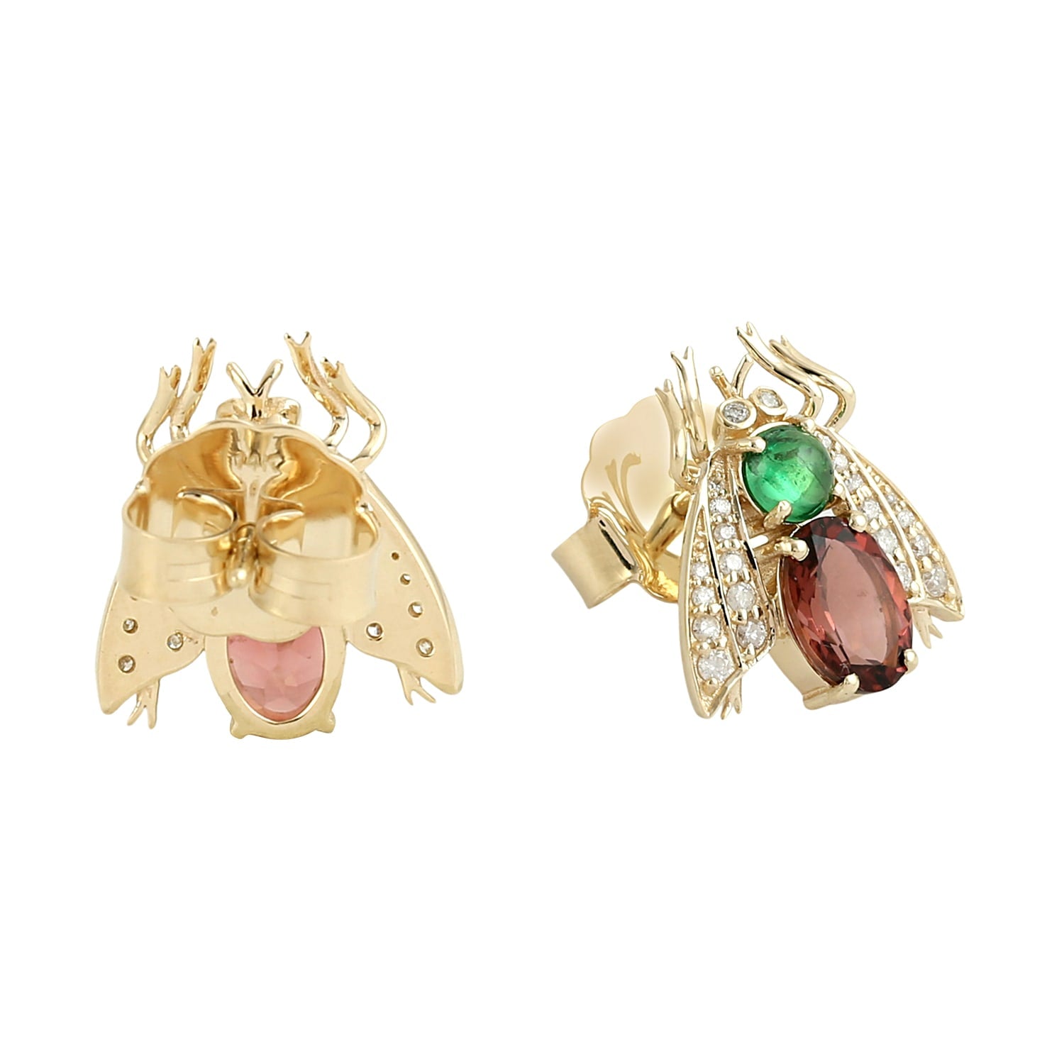 Pink Tourmaline & Tsavorite Pave Diamond Insect Stud Earrings In Gold