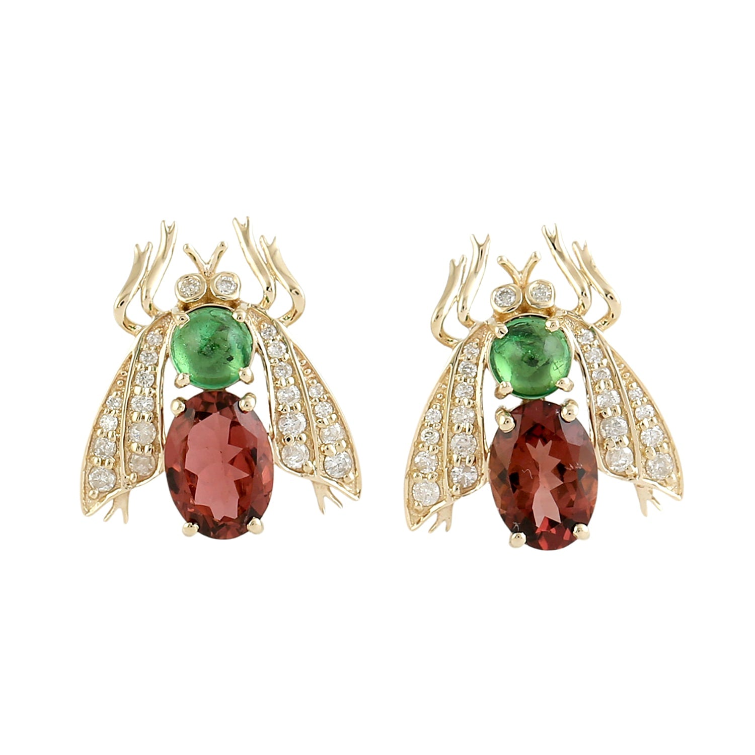 Pink Tourmaline & Tsavorite Pave Diamond Insect Stud Earrings In Gold