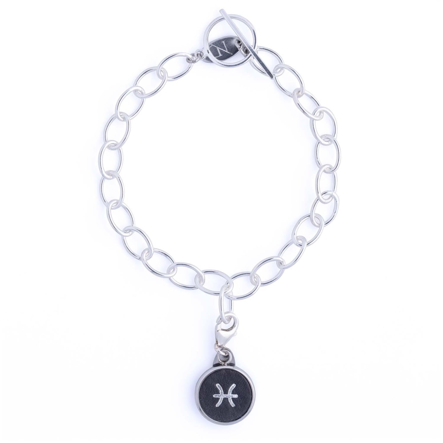 Pisces Zodiac Sterling Silver & Leather Curb Bracelet