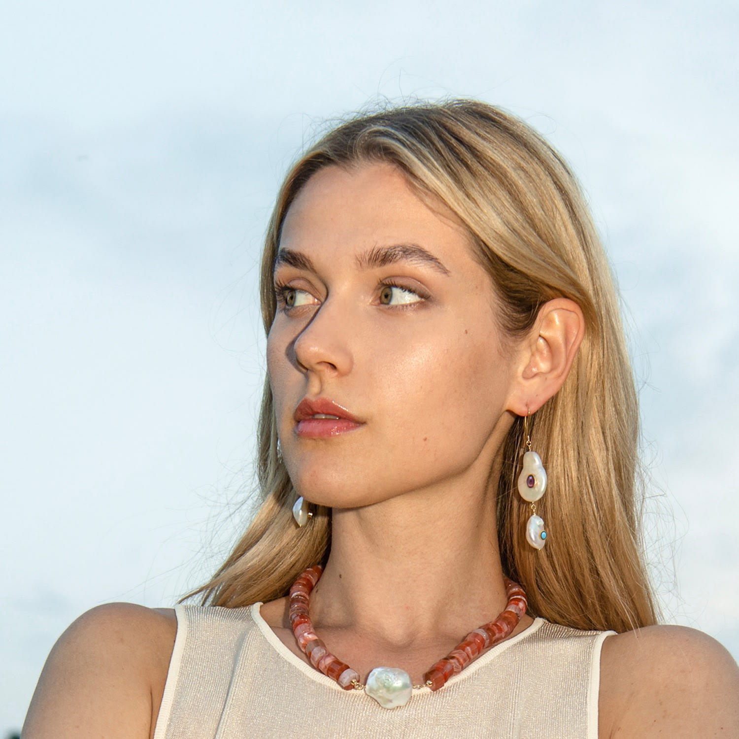 Aphrodite Gold Vermeil Pearl, Rhodolite & Turquoise Earrings