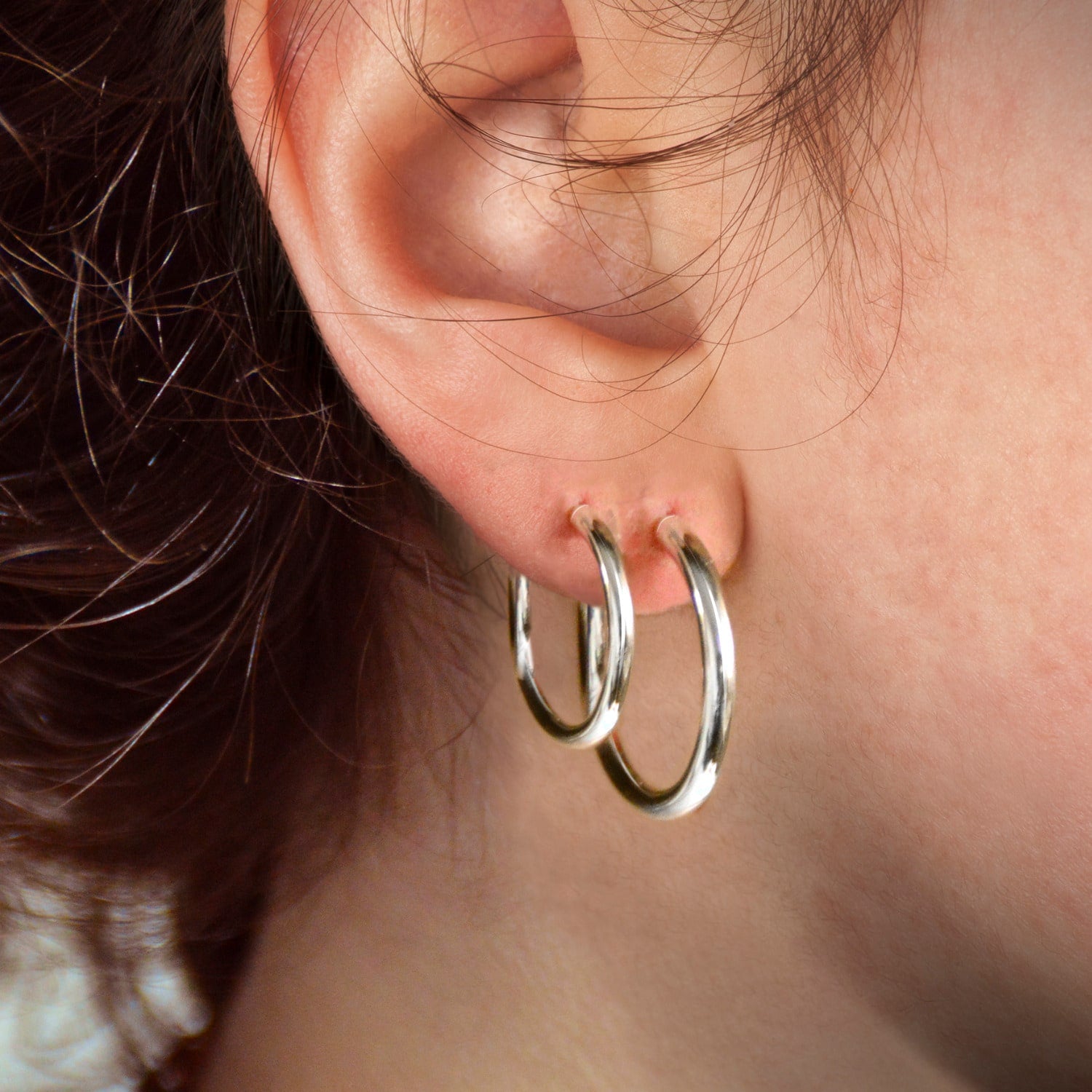 Plain Open Hoops Stud Earrings In Sterling Silver