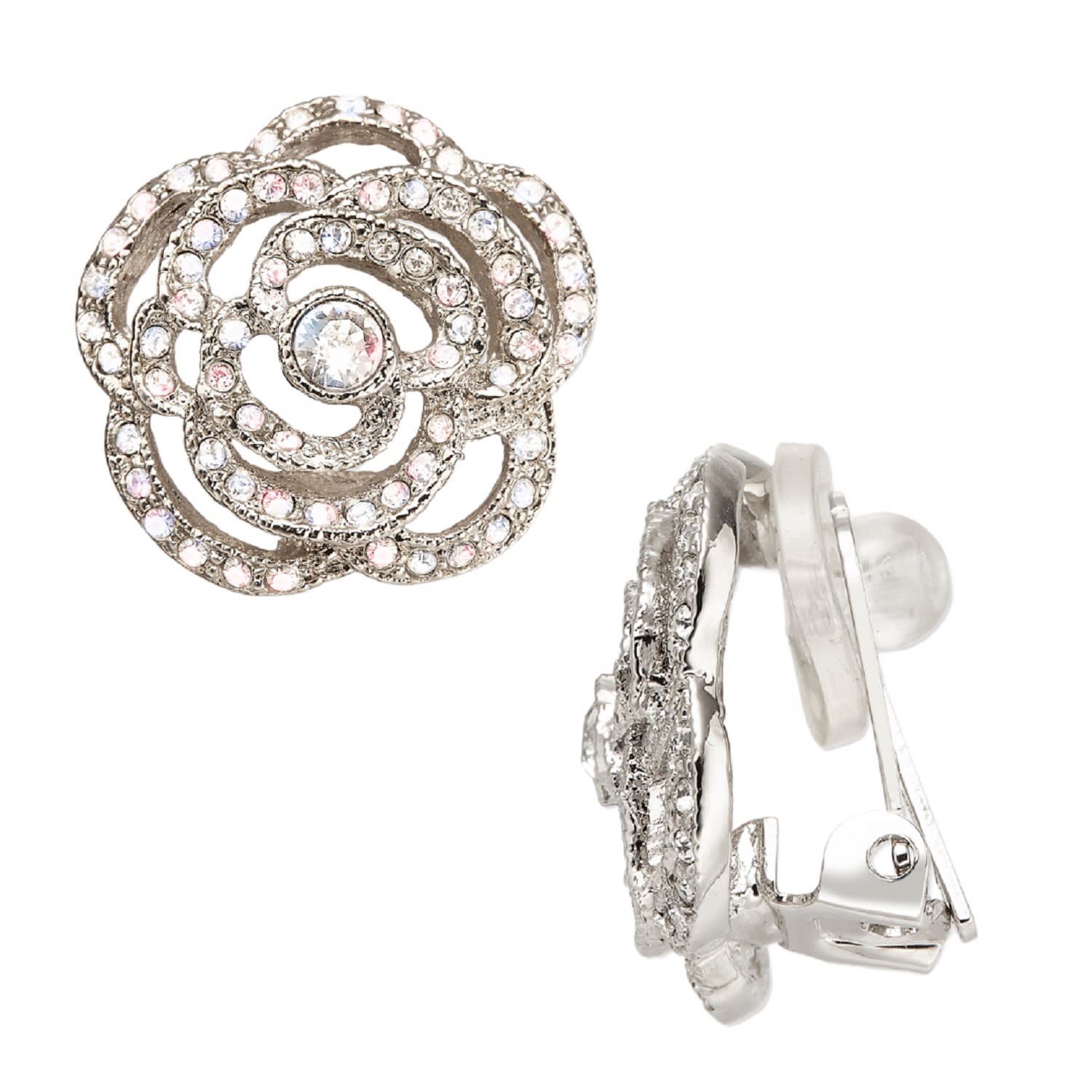 Platinum & Crystal Flower Clip On Earrings, Series Parfum Rose