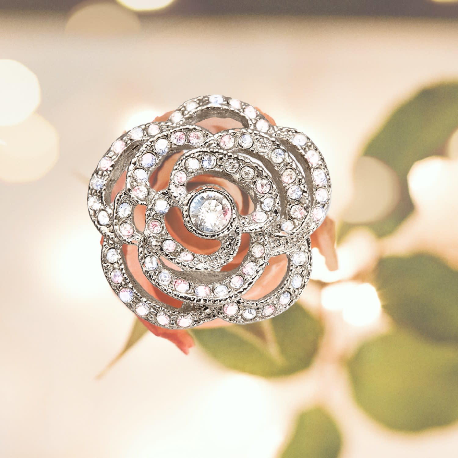 Platinum & Crystal Flower Clip On Earrings, Series Parfum Rose