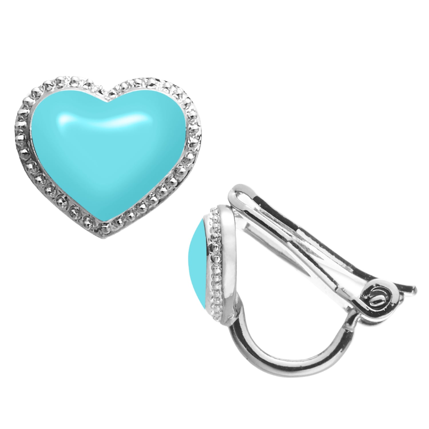 Platinum & Light Blue Enamel Heart Clip On Earrings, Series Pop Heart