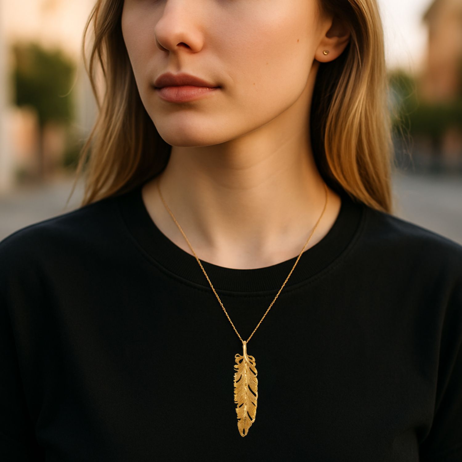 Gold Plume Pendant Charm Necklace