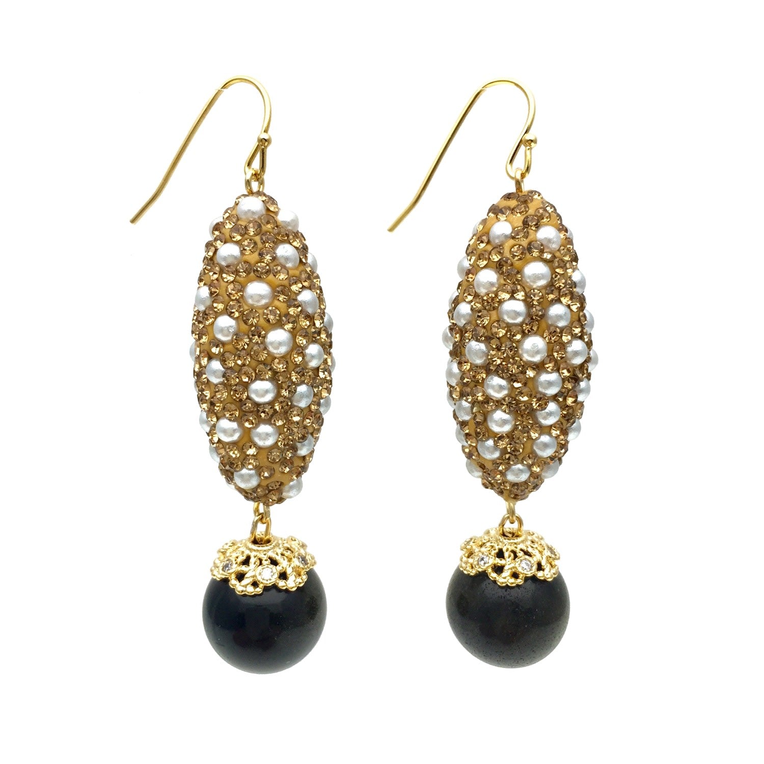 Tiger Eye With Rhinestones Bordered Pearls Dangle Earrings