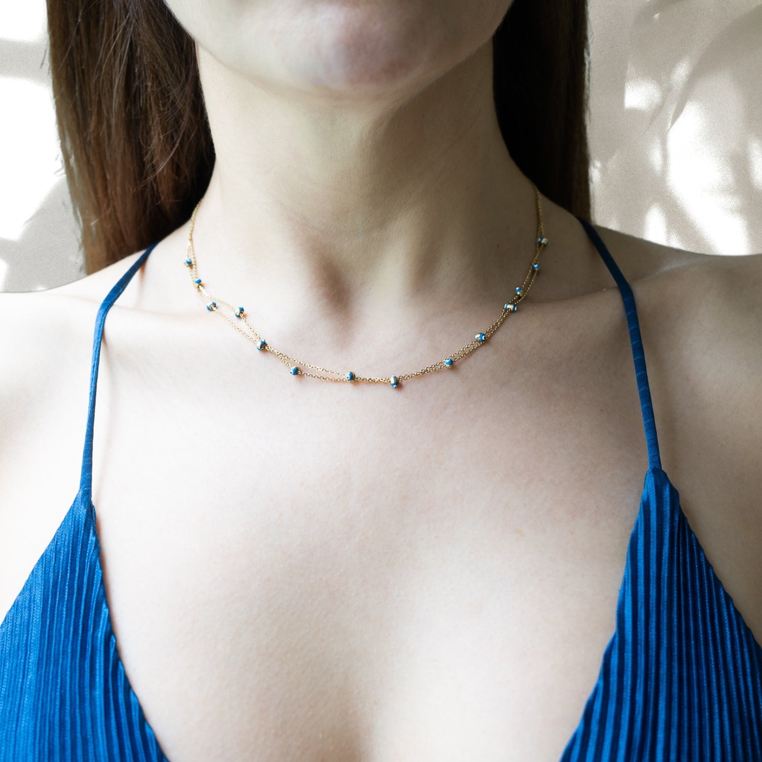 Double Solid Gold Chain Evil Eye Statement Necklace - Gold