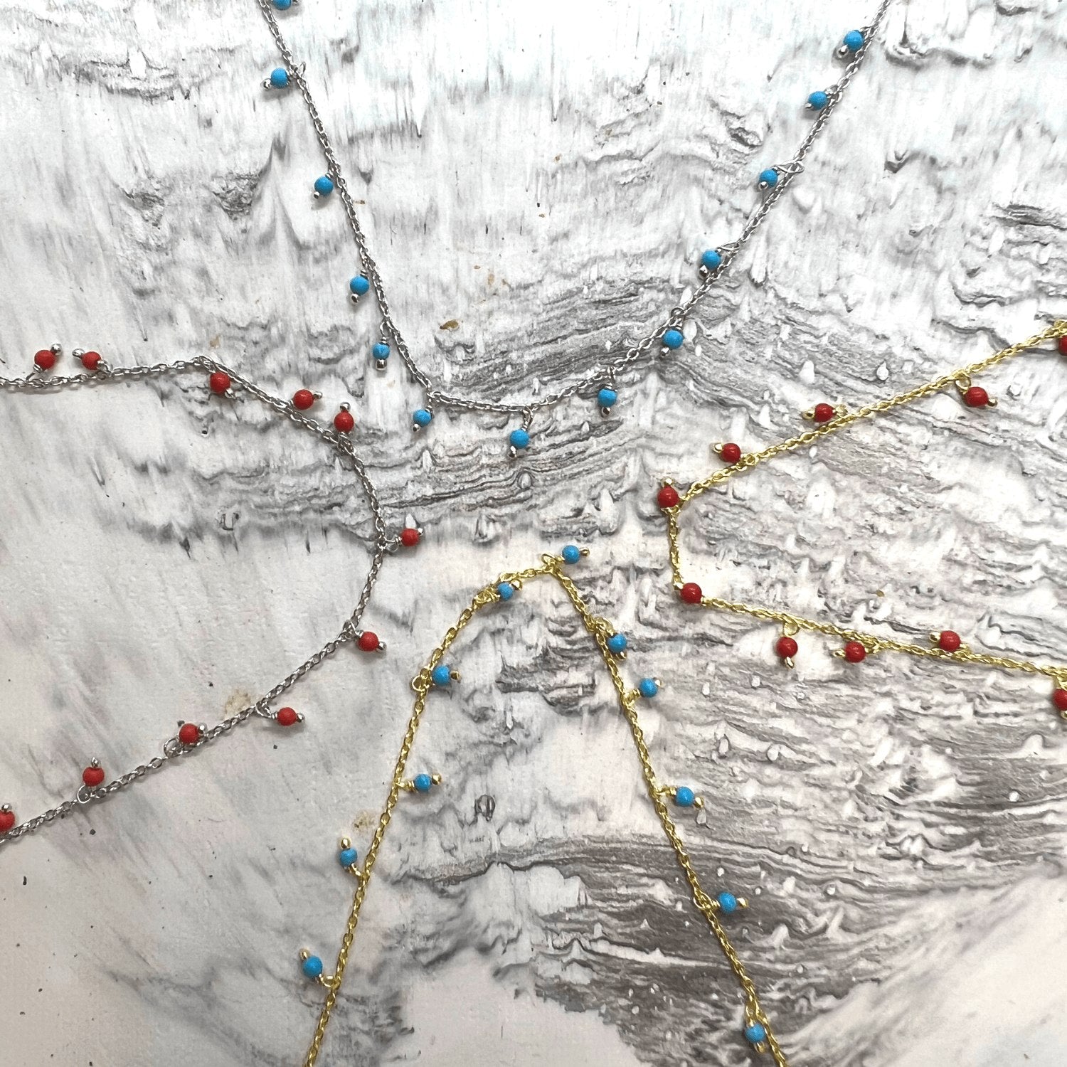 Red Coral Beaded Sterling Silver Chain Necklace - Silver