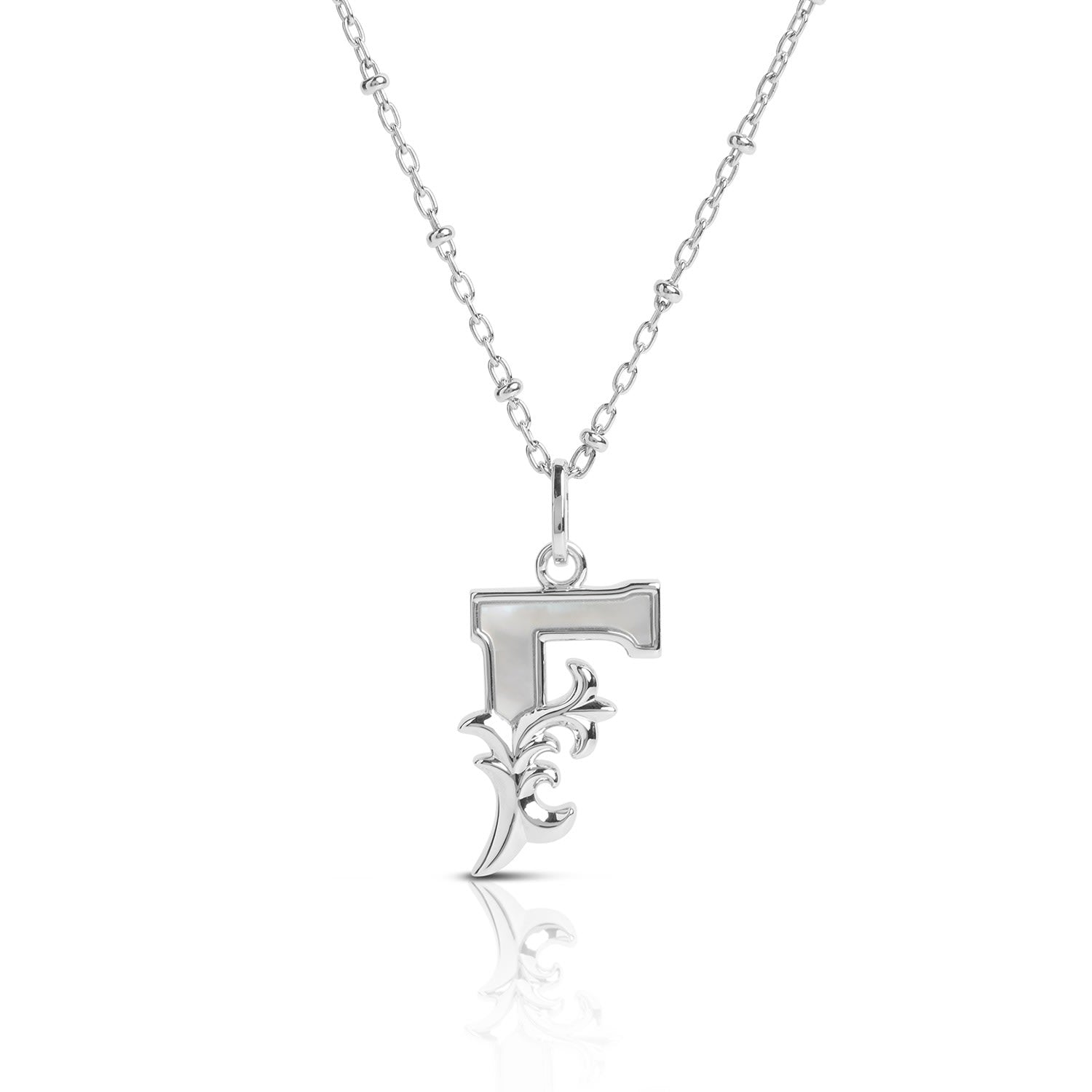 Solid Silver F Initial Necklace With Mother Of Pearl