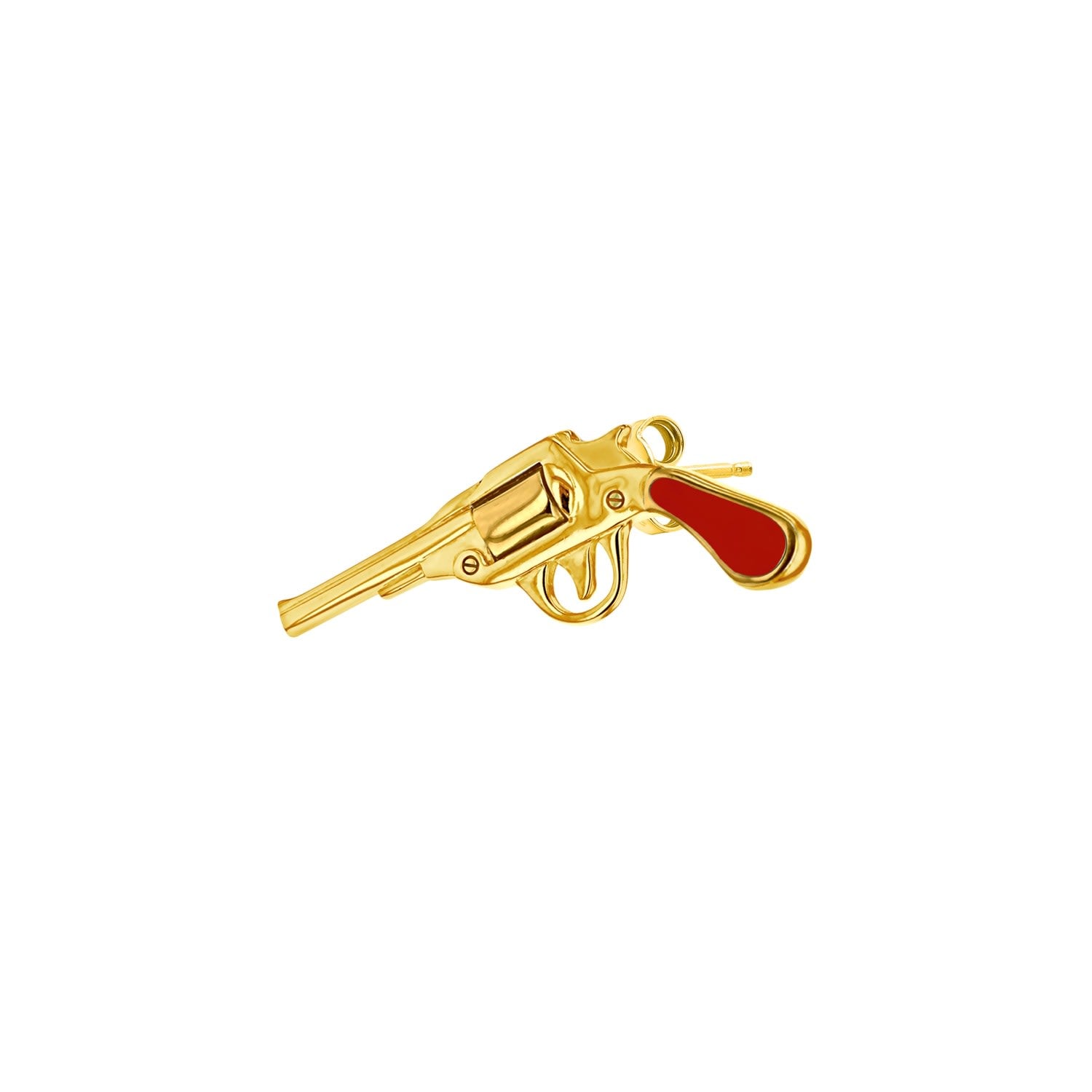 18Kt Gold Plated & Red Enamel Retro Pistol Stud