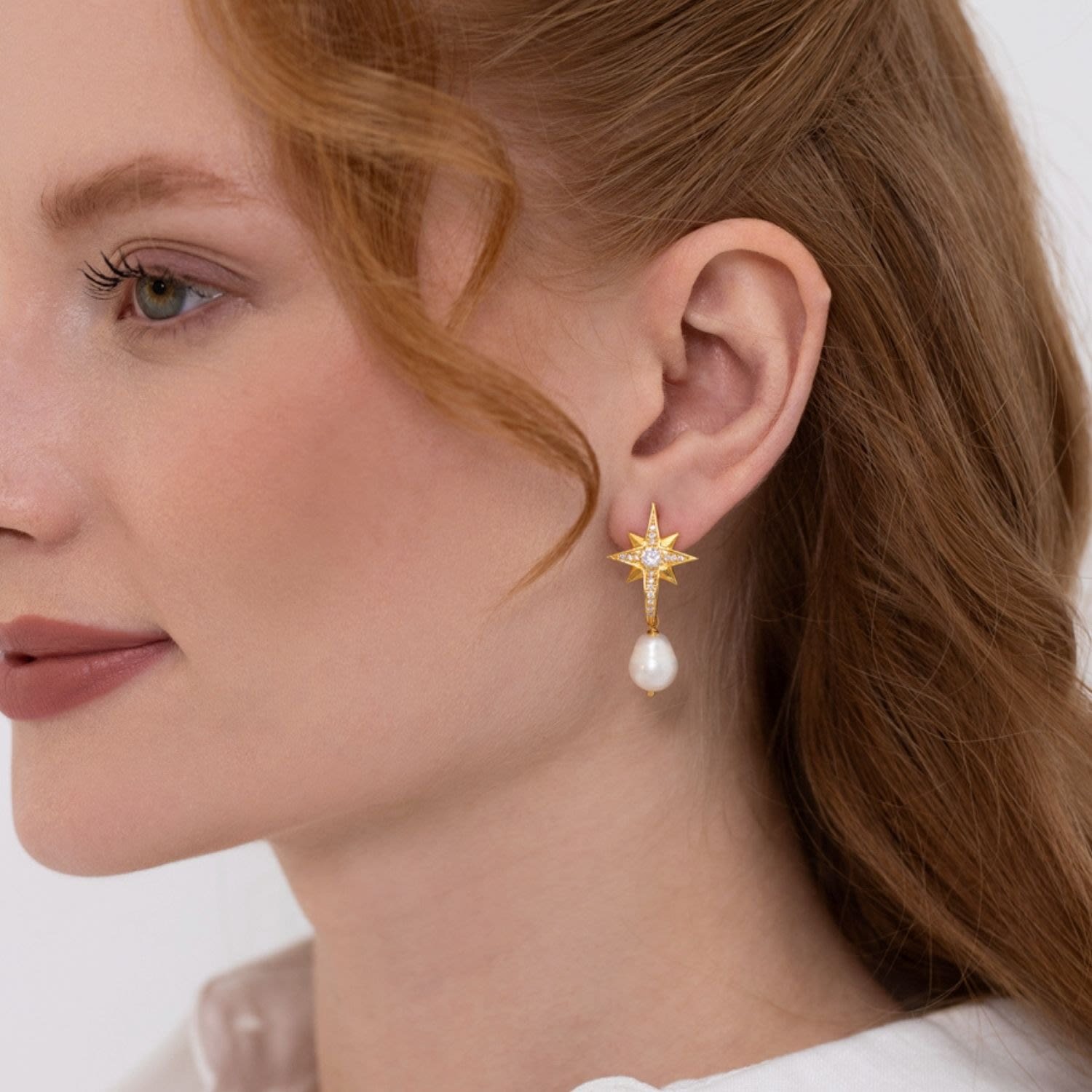 Pole Star Pearl Dangle Gold Earrings