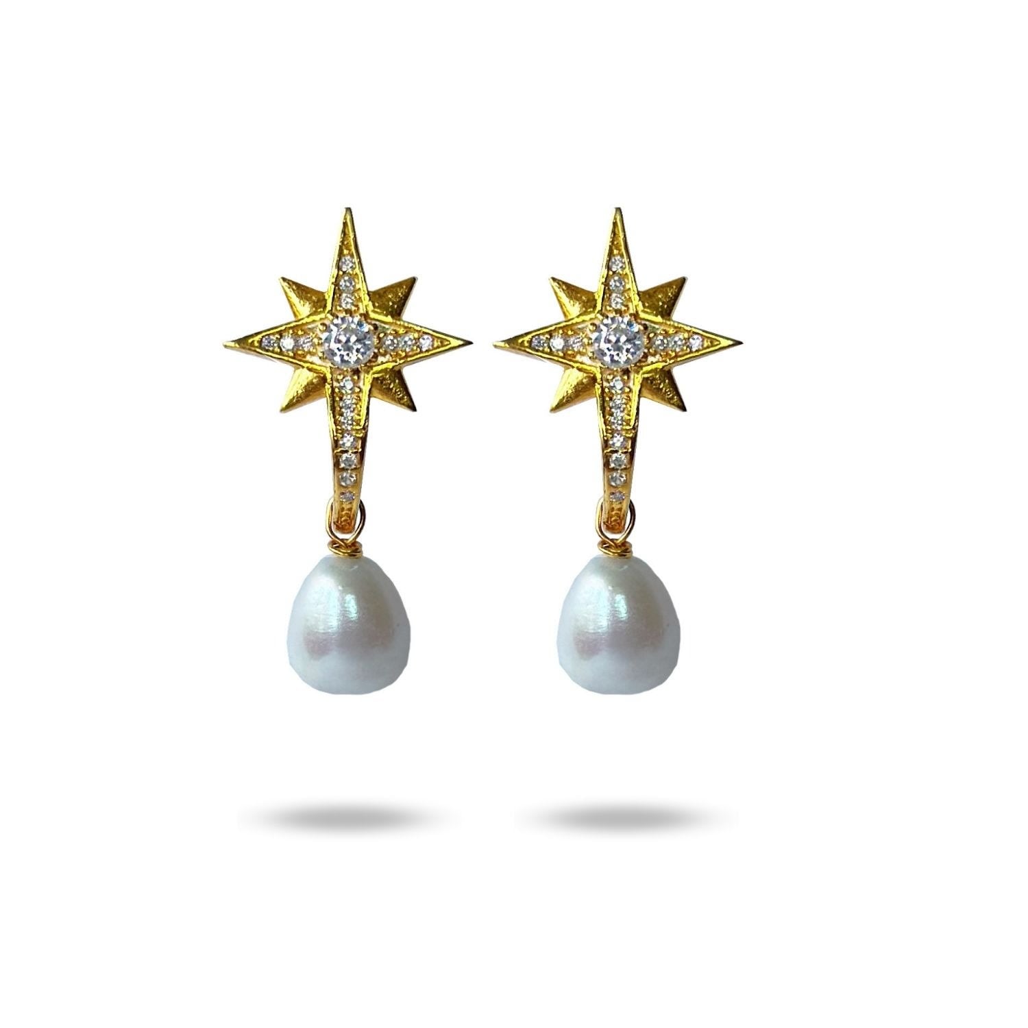 Pole Star Pearl Dangle Gold Earrings