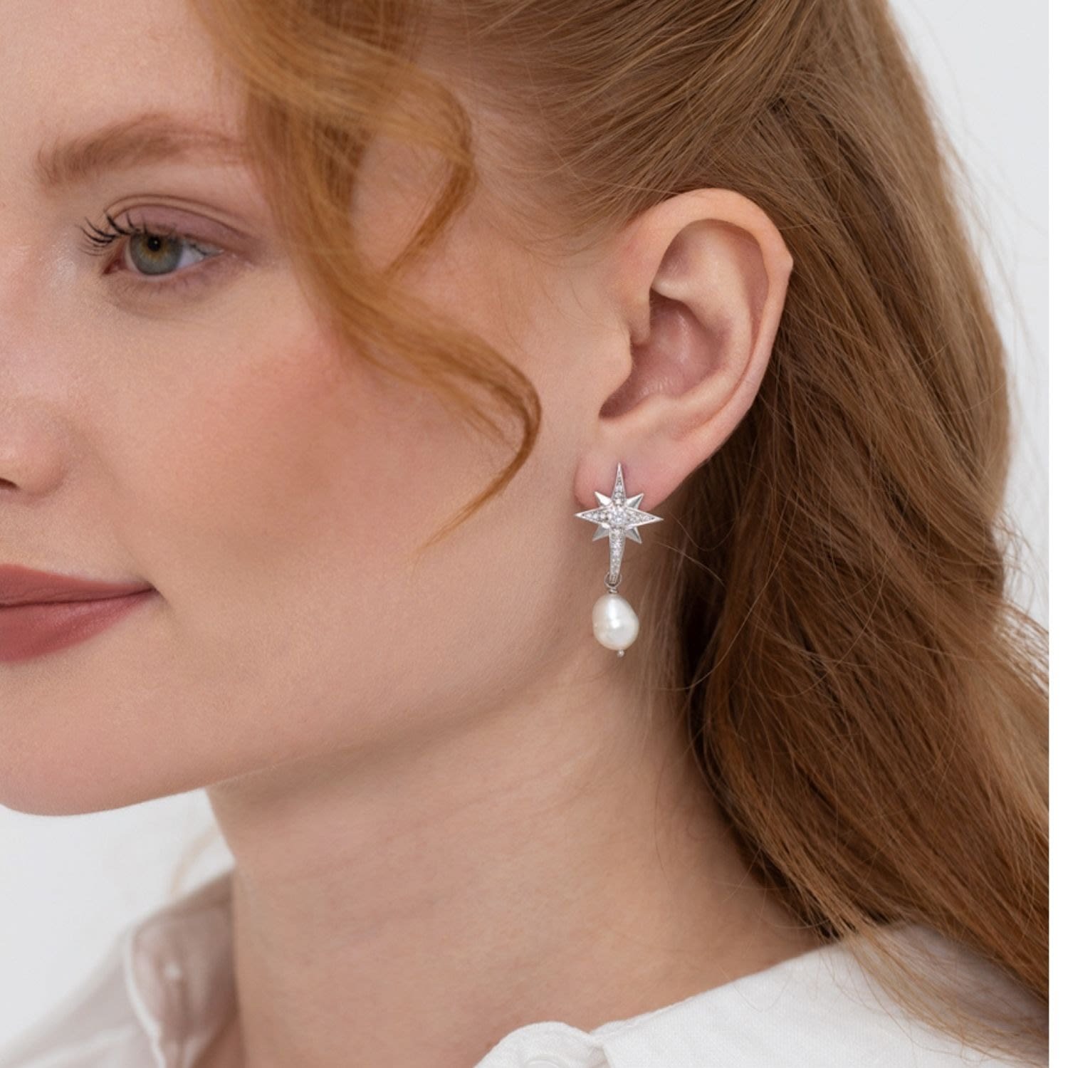 Pole Star Pearl Dangle Silver Earrings