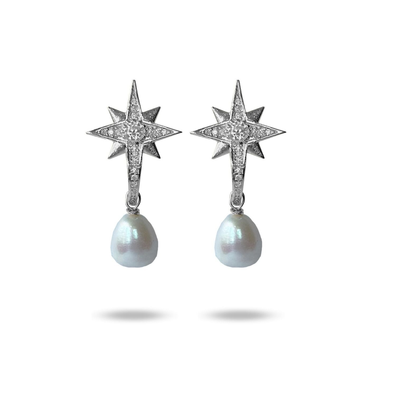 Pole Star Pearl Dangle Silver Earrings
