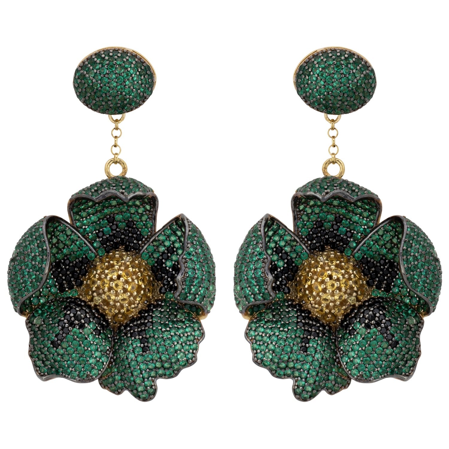 Poppy Flower Drop Earrings Emerald Gold
