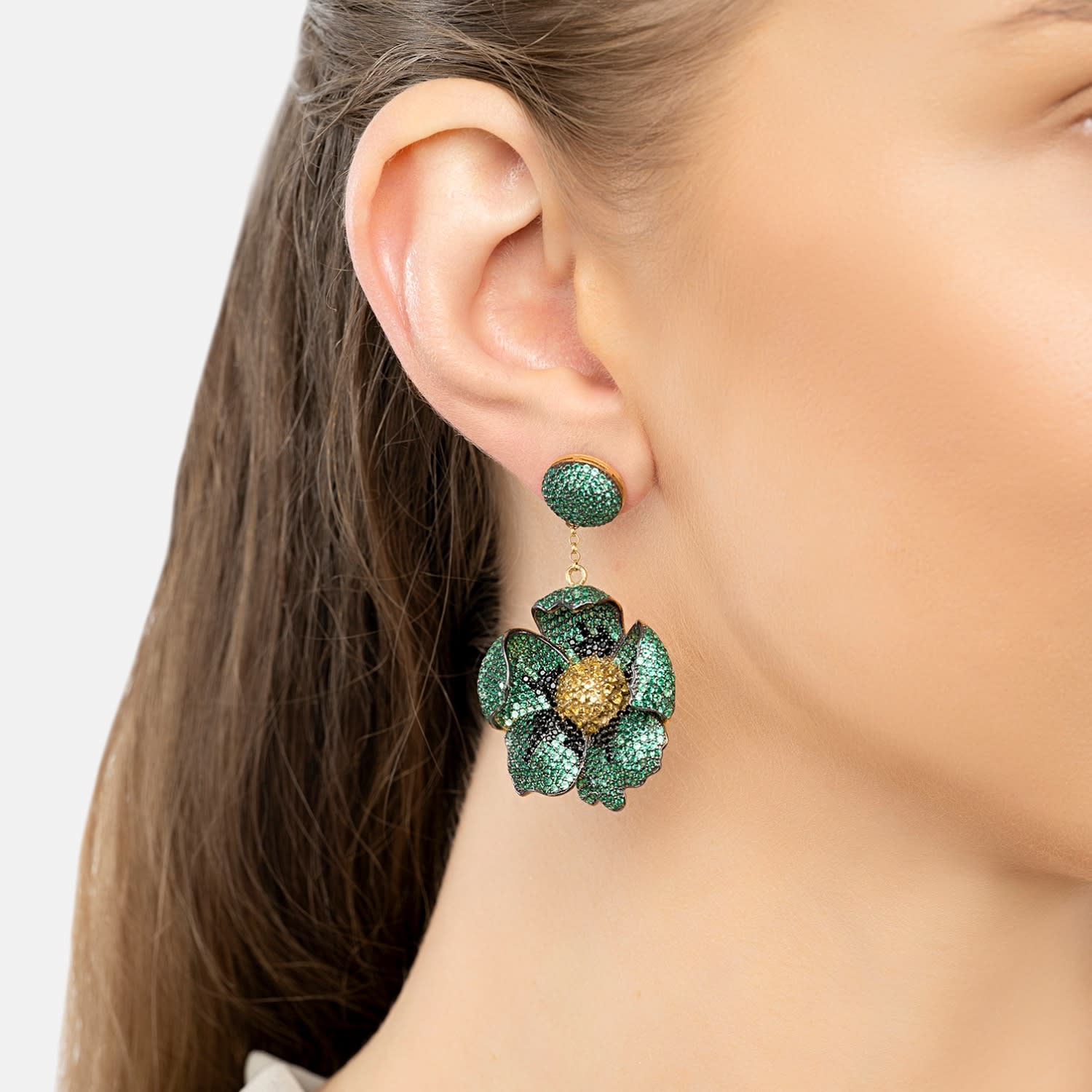 Poppy Flower Drop Earrings Emerald Gold