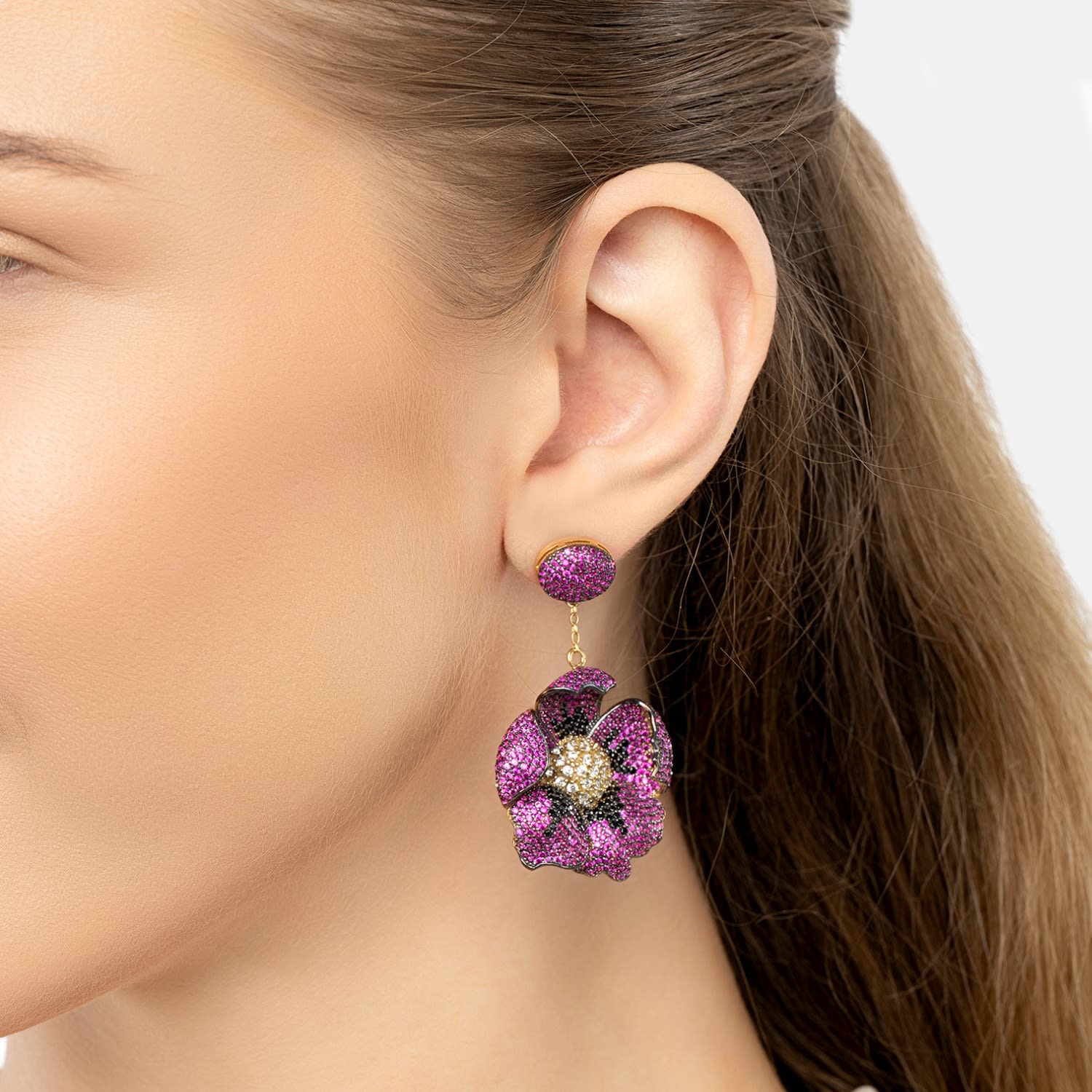 Poppy Flower Drop Earrings Ruby Gold